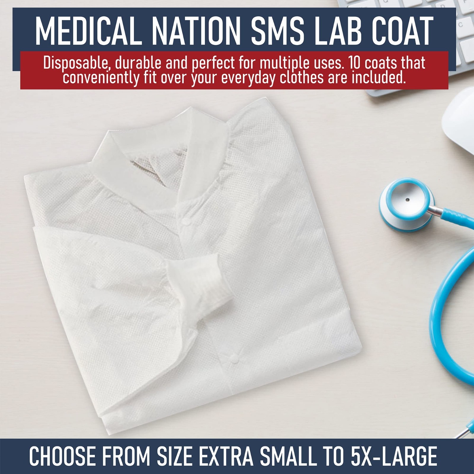 50 Pack Disposable Lab Coats – White Knee Length with 3 Pockets, XL for Hospital