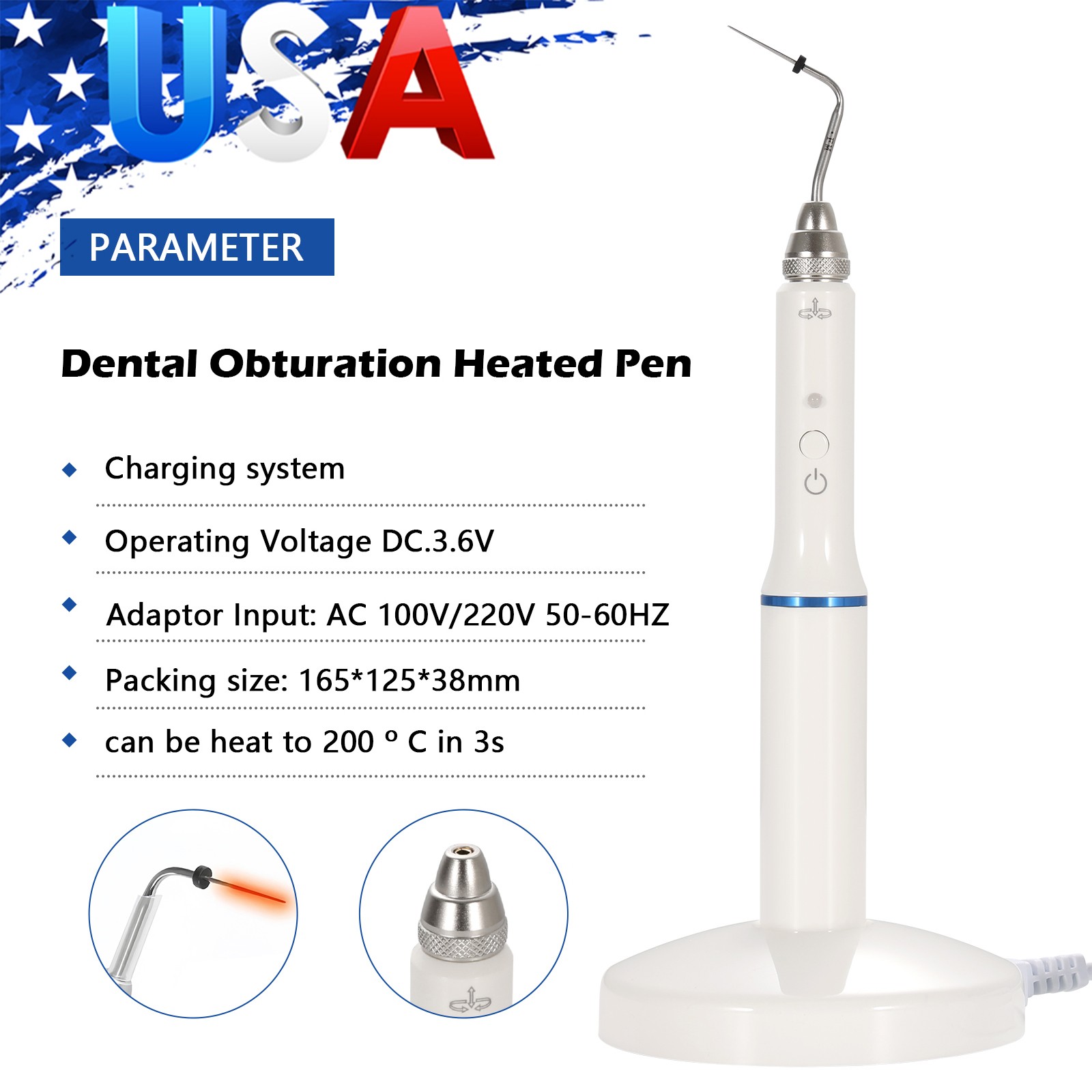 Dental Gutta Percha Obturation System Endo Heated Pen Wireless Eododontic+2 Tips