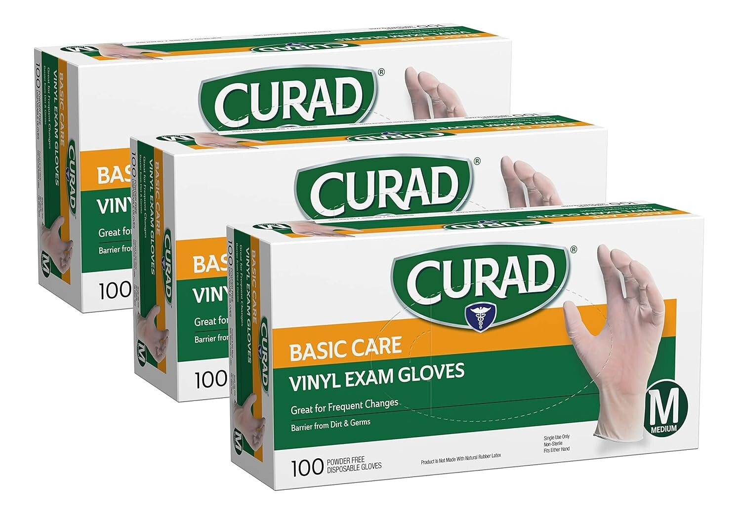 Curad Basic Care 3G Stretch Vinyl Exam Gloves Powder free 600 count, 3 M + 3 L