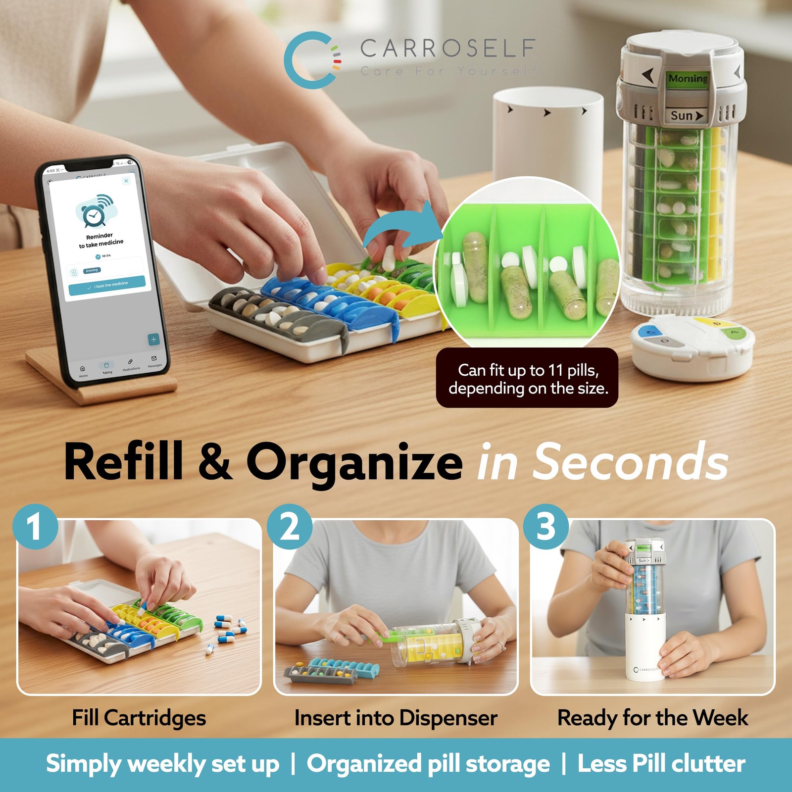 Carroself Pill Dispenser App Set Easy-To-Use Vitamin Dispenser 4 Daily Doses