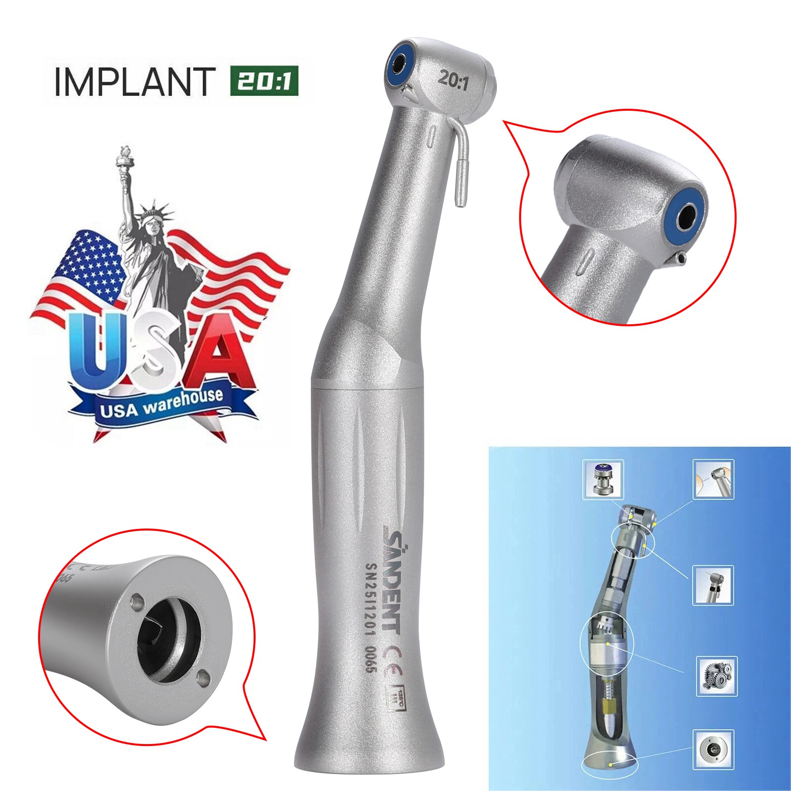 Dental Implant 20:1 Reduction Low Speed Contra Angle Handpiece Fit NSK E-type