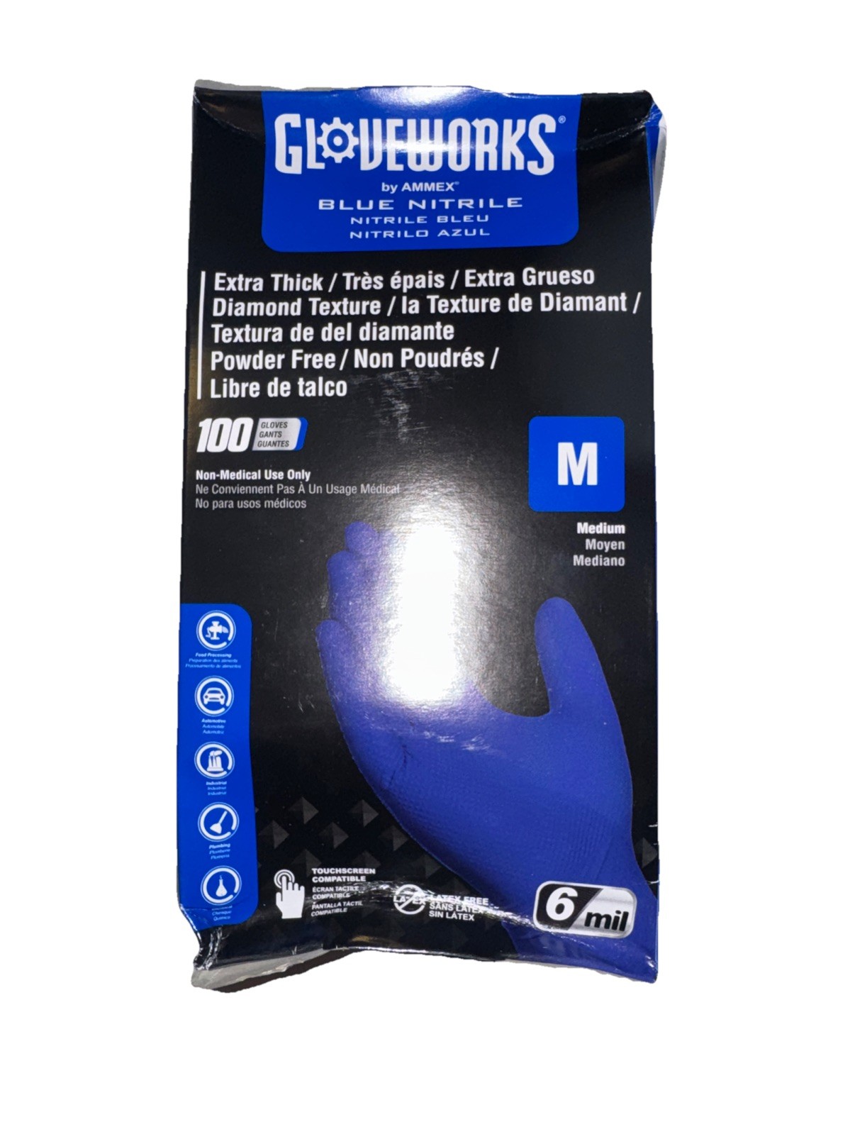 Ammex Gloveworks GWRBN44100 Royal Blue Disposable Nitrile Glove PF 6 Mil Size: M