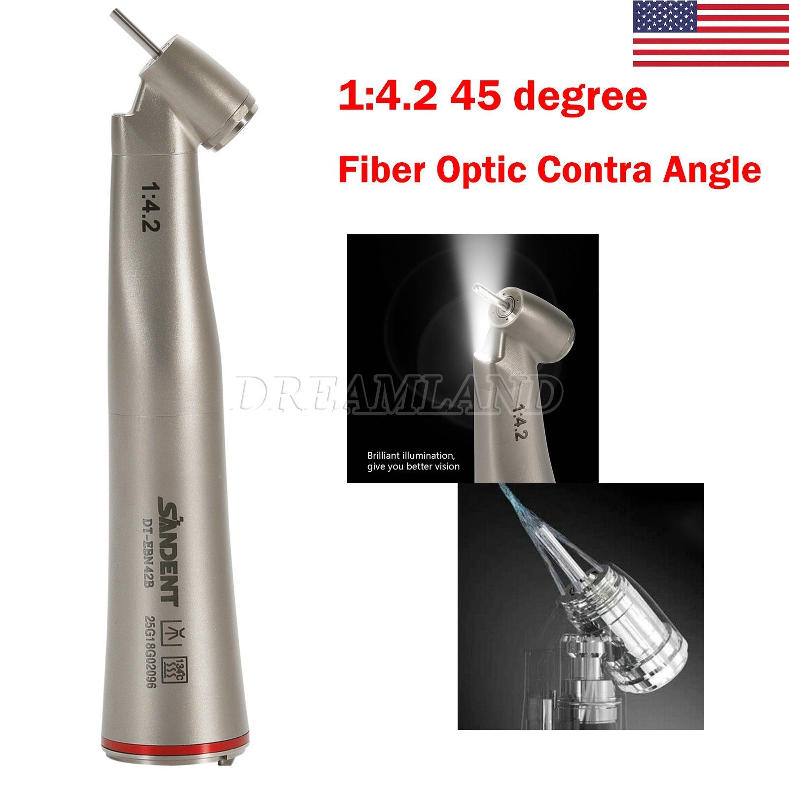 Dental 45° Angle inner Channel contra angle fiber optic LED 1:4.2 handpiece USA