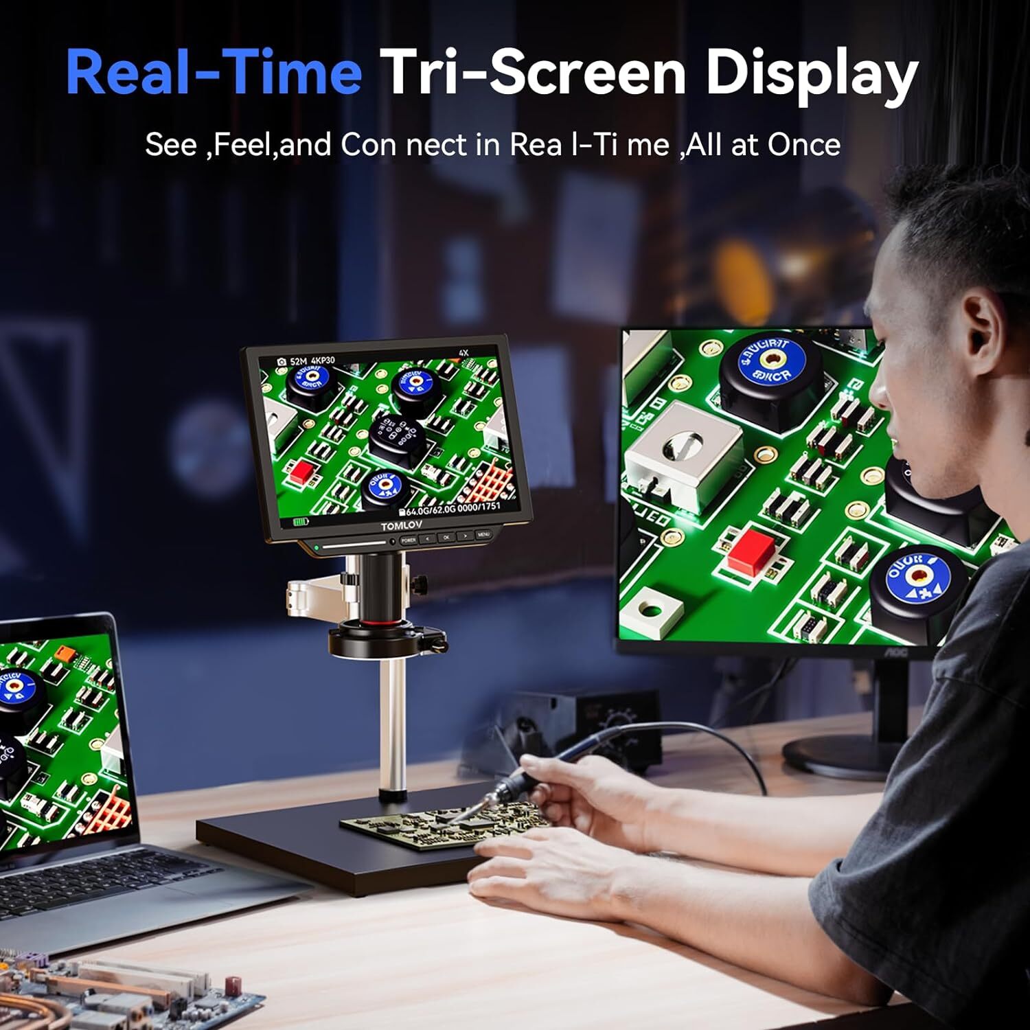TOMLOV 4K Soldering Digital Coin Microscope 2000X 10.1” 52MP & Spin Arm Stand