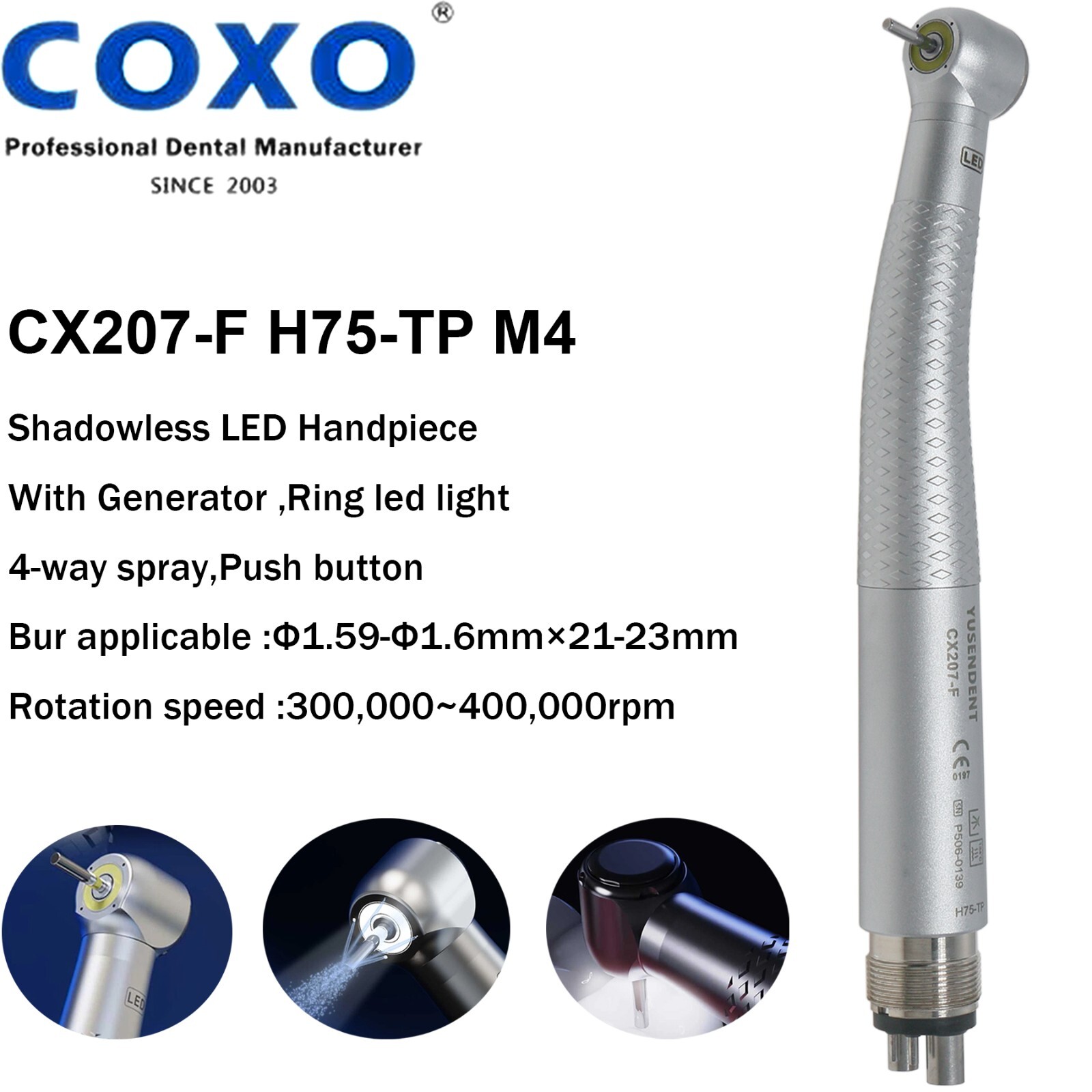 US COXO Dental Shadowless LED High Speed Handpiece 4Holes Air Turbine Self Power