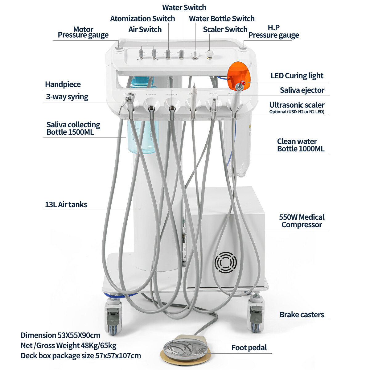 Dental Portable Mobile Delivery Unit Cart Suction System Air Compressor 4Holes