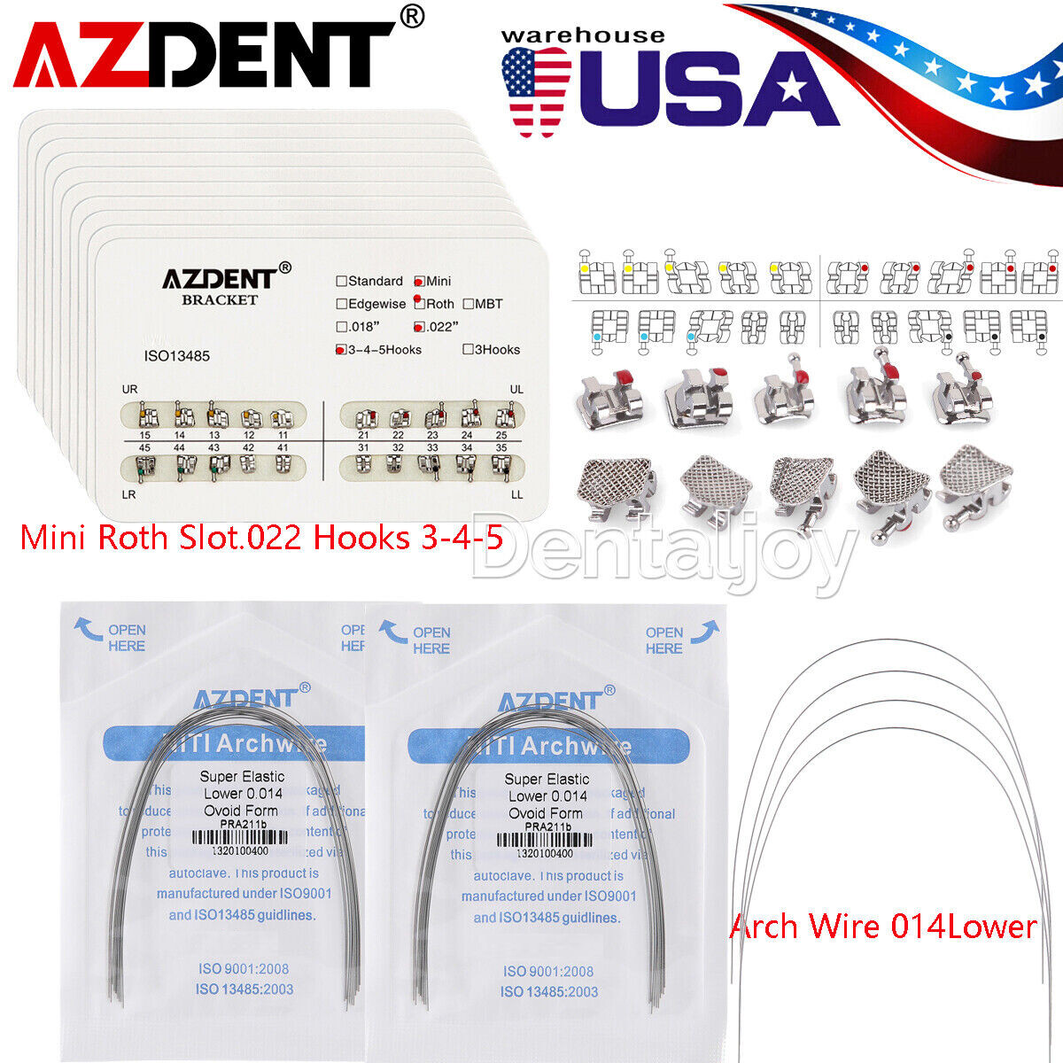 Dental Ortho Metal Brackets Braces + Super Elastic Niti Arch Wire Round 014Lower
