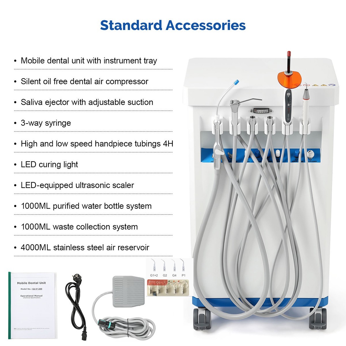 Dental Cart Delivery Unit with Air Compressor LED Curing Light Scaler PU-P209