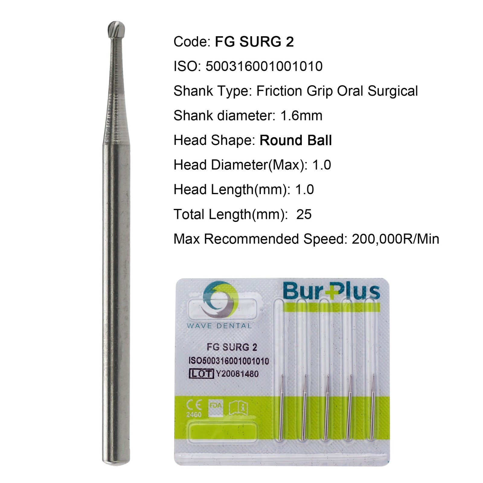 Wave Dental Surgical Carbide Burs 25mm Length Round FG SURG 1 2 3 4 5 6 8 FGOS