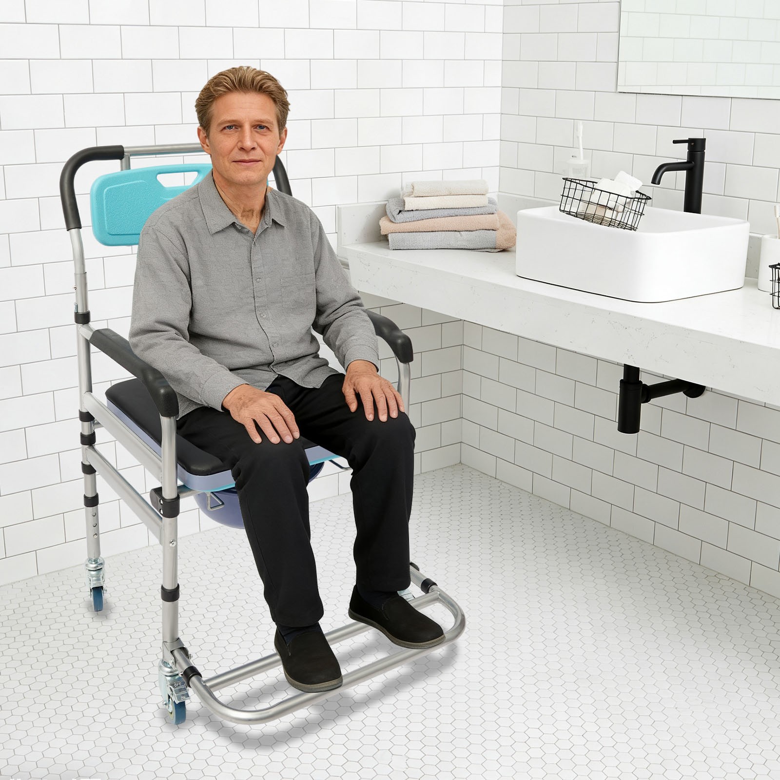 Foldable Shower Chair W/ Wheels Load 330.69lbs Bedside Commode Chair For Elder