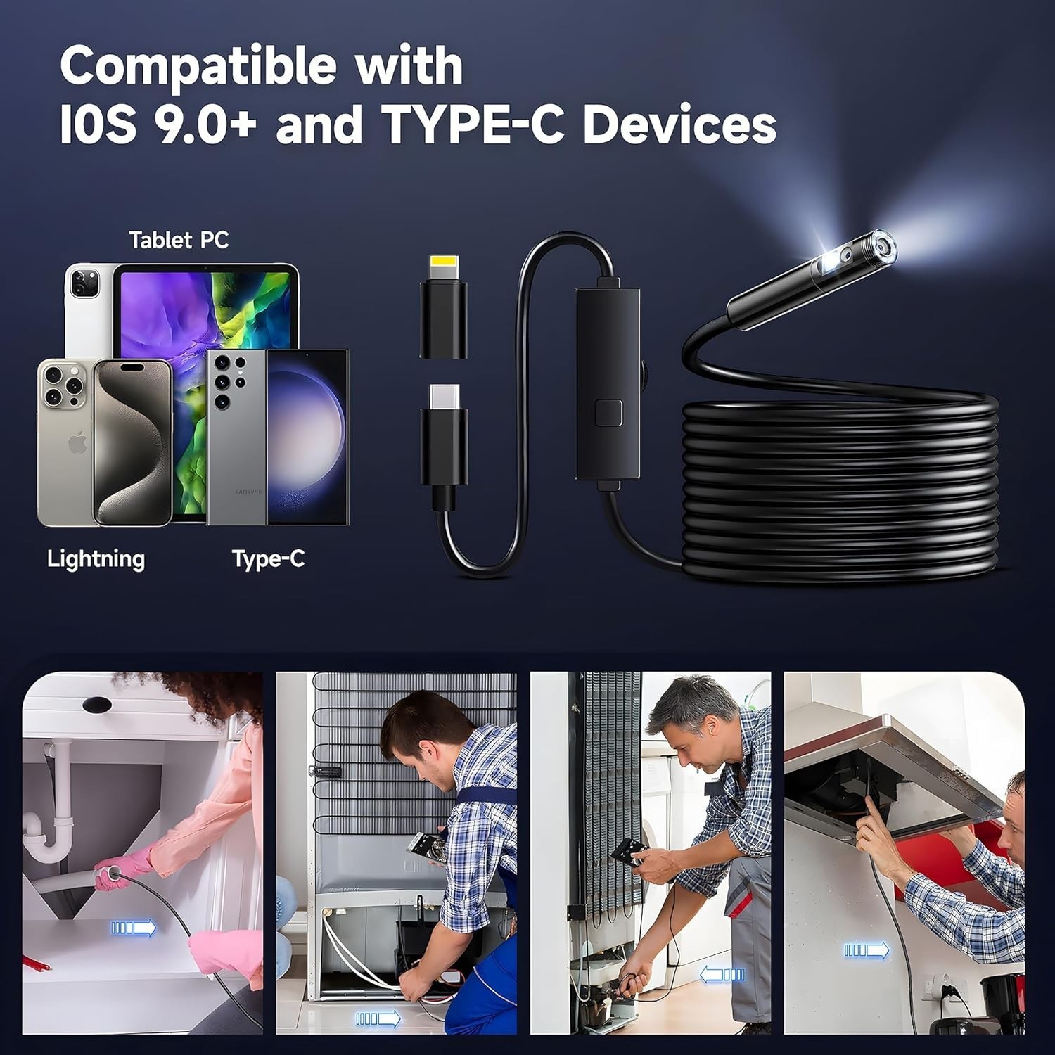 8mm Waterproof Borescope Endoscope Camera For Car Sewer Plumbing Inspection New
