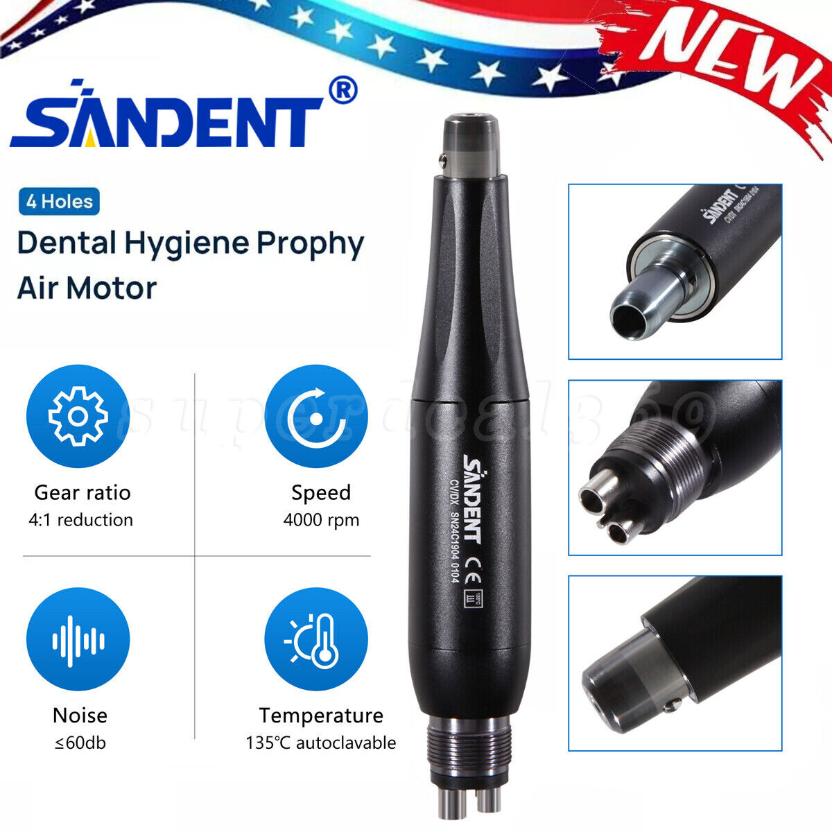 Dental LED 1:5 Increasing Contra Angle/Hygiene Prophy Handpiece Air Motor 4Holes