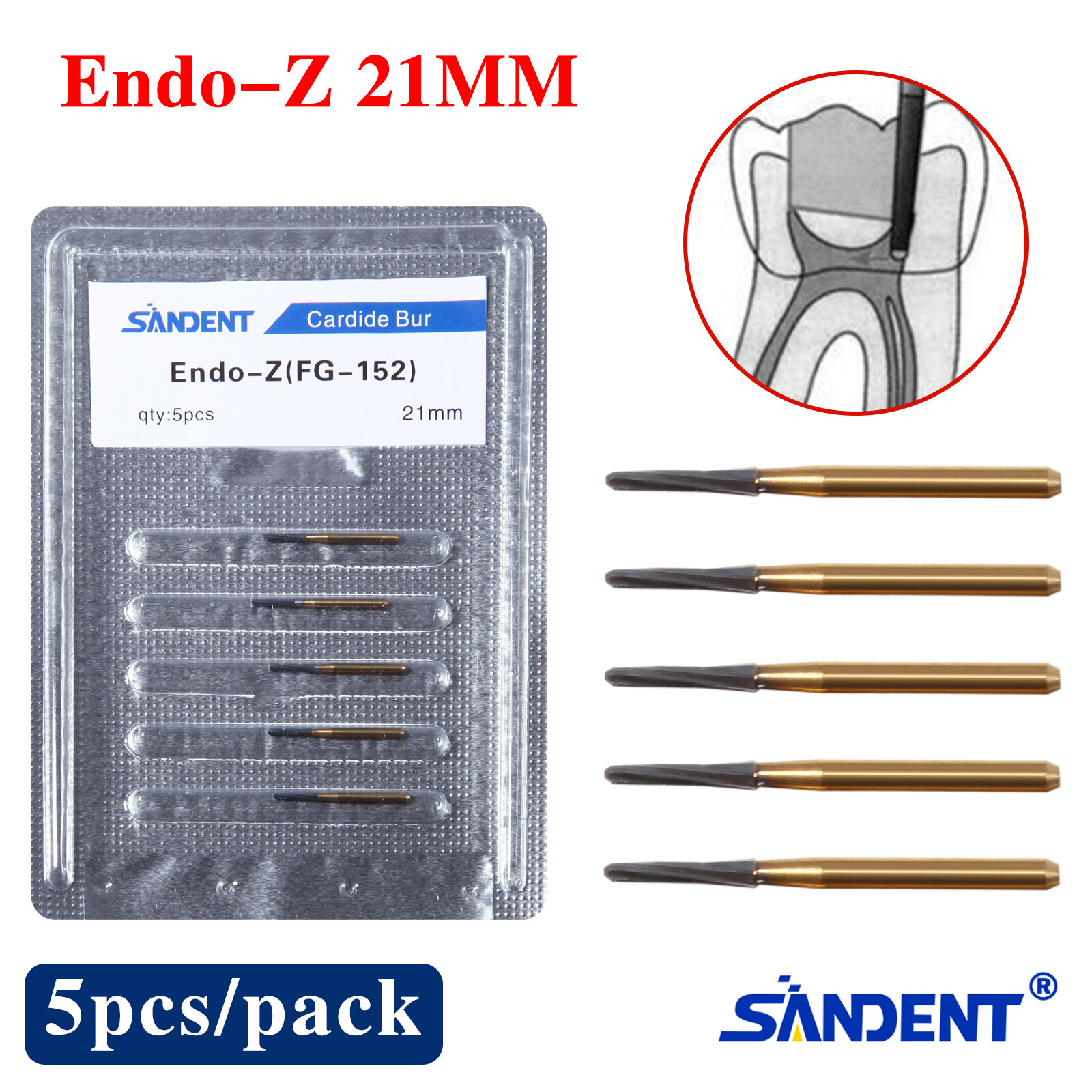 5PCS Dental Endodontic ENDO-Z Tungsten Carbide Burs FG Round Bur High Speed 21mm