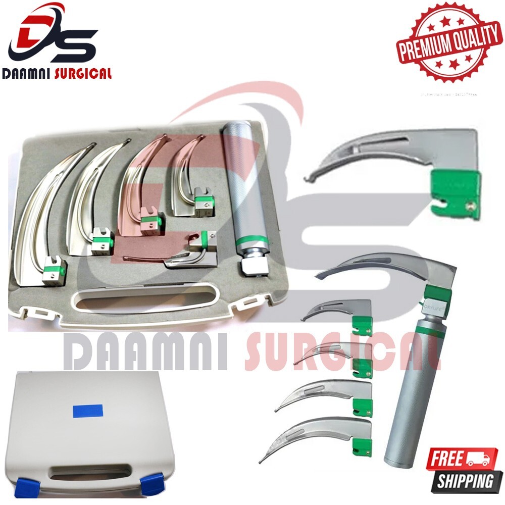 Original Fiber Optic Laryngoscope Mac Set of 5 Blade & Handles ENT Set
