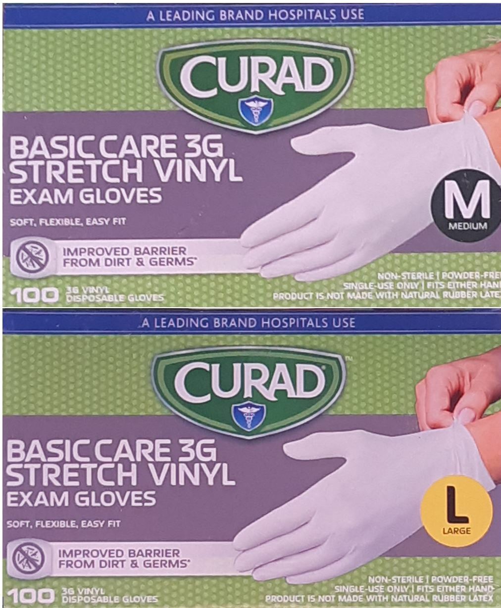 NEW – 100 ct CURAD Basic Care 3G Stretch Vinyl Exam Gloves, Pick Size: M or L