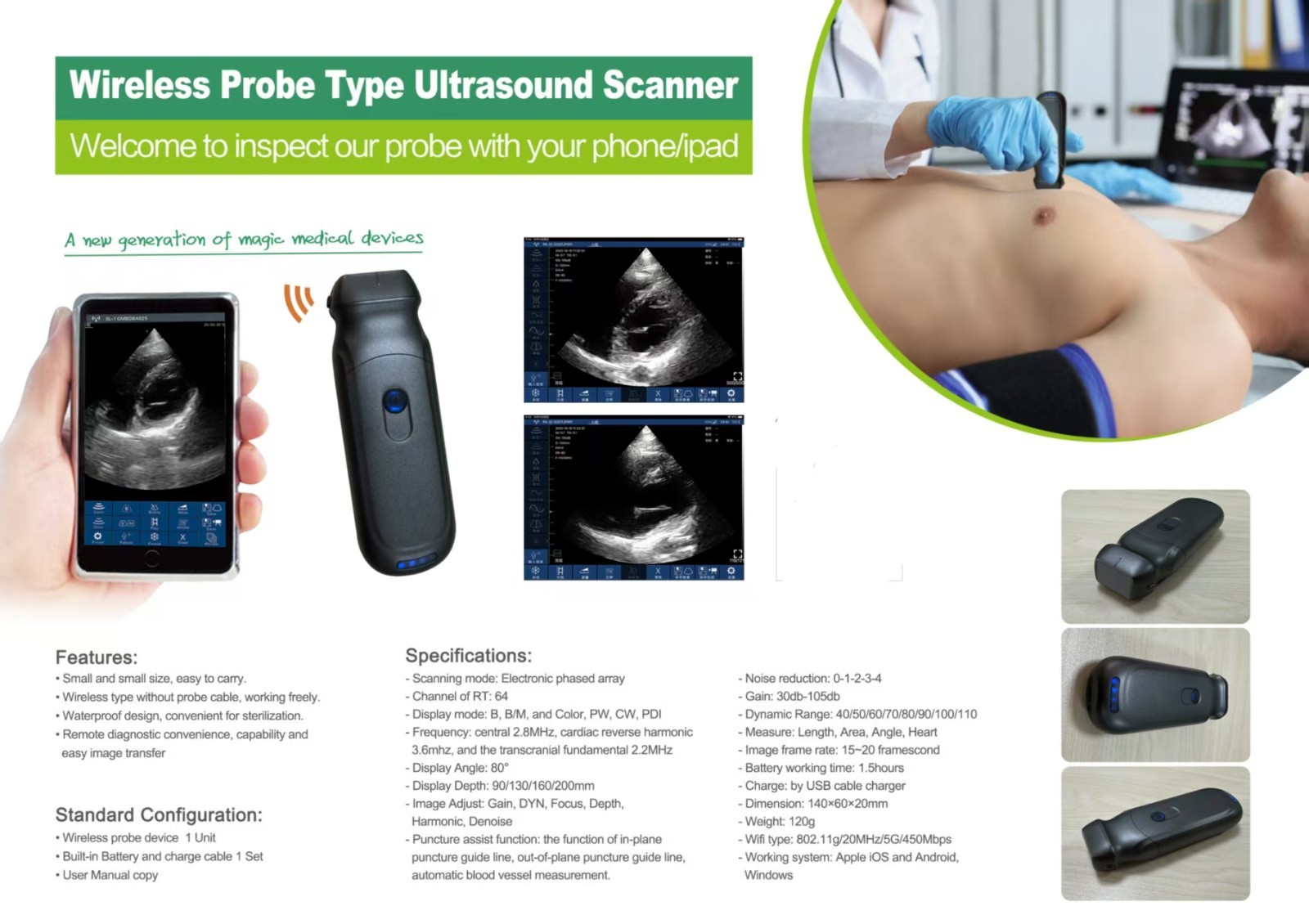 CW Mode Cardiac Ultrasound Probe, Wireless WiFi Color Doppler, Portable USG