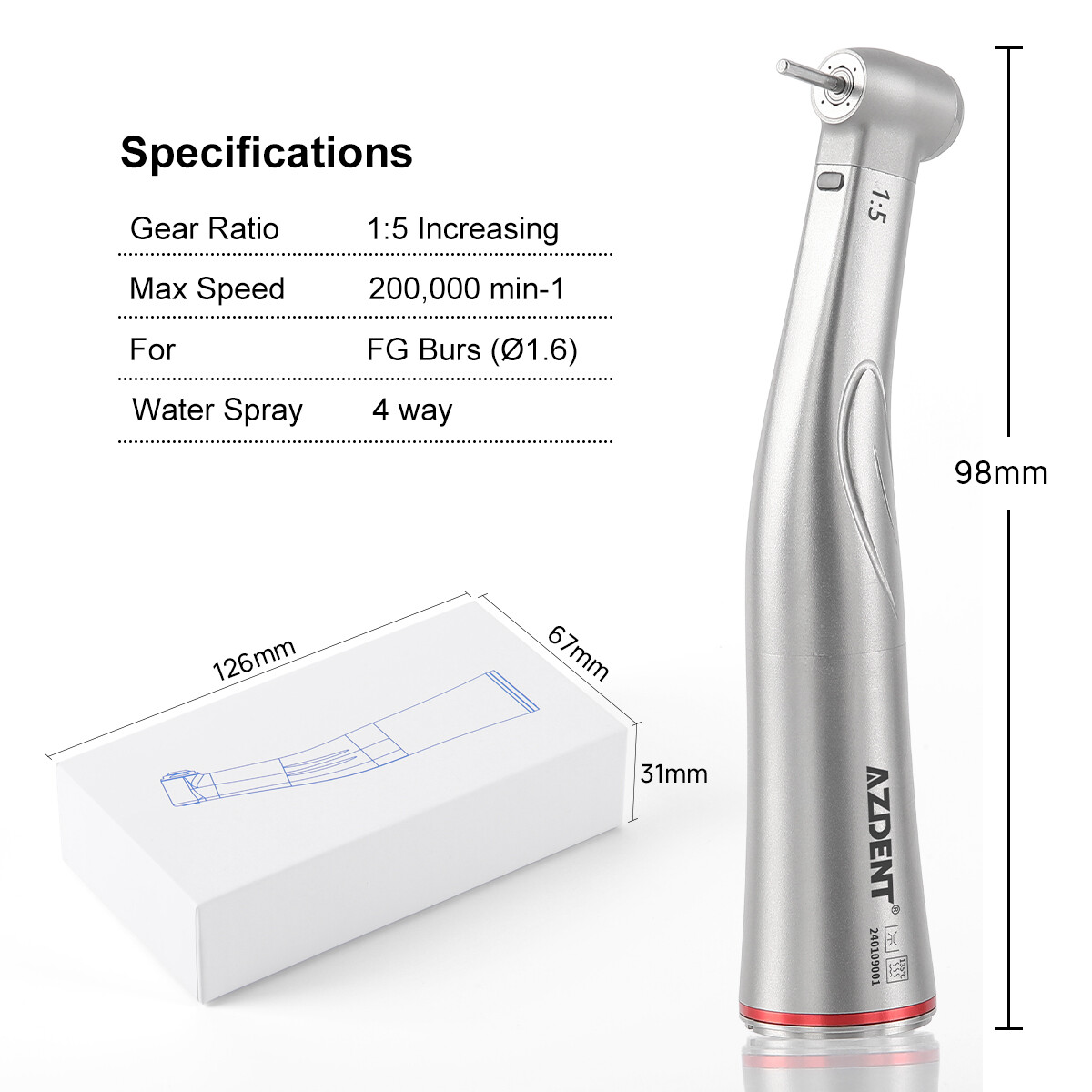 Dental LED Fiber Optic 1:5 Increase Contra Angle Handpiece Internal 4 Way Spray