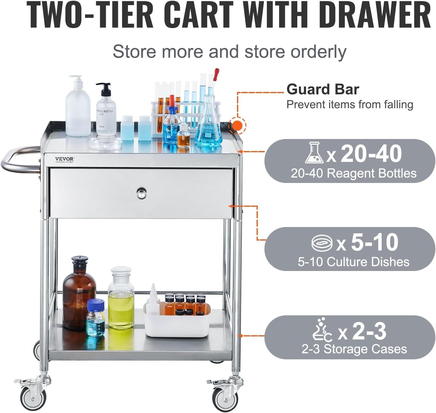 Versatile Stainless Steel Utility Cart – 2-Tier with Drawer and Locking Wheels