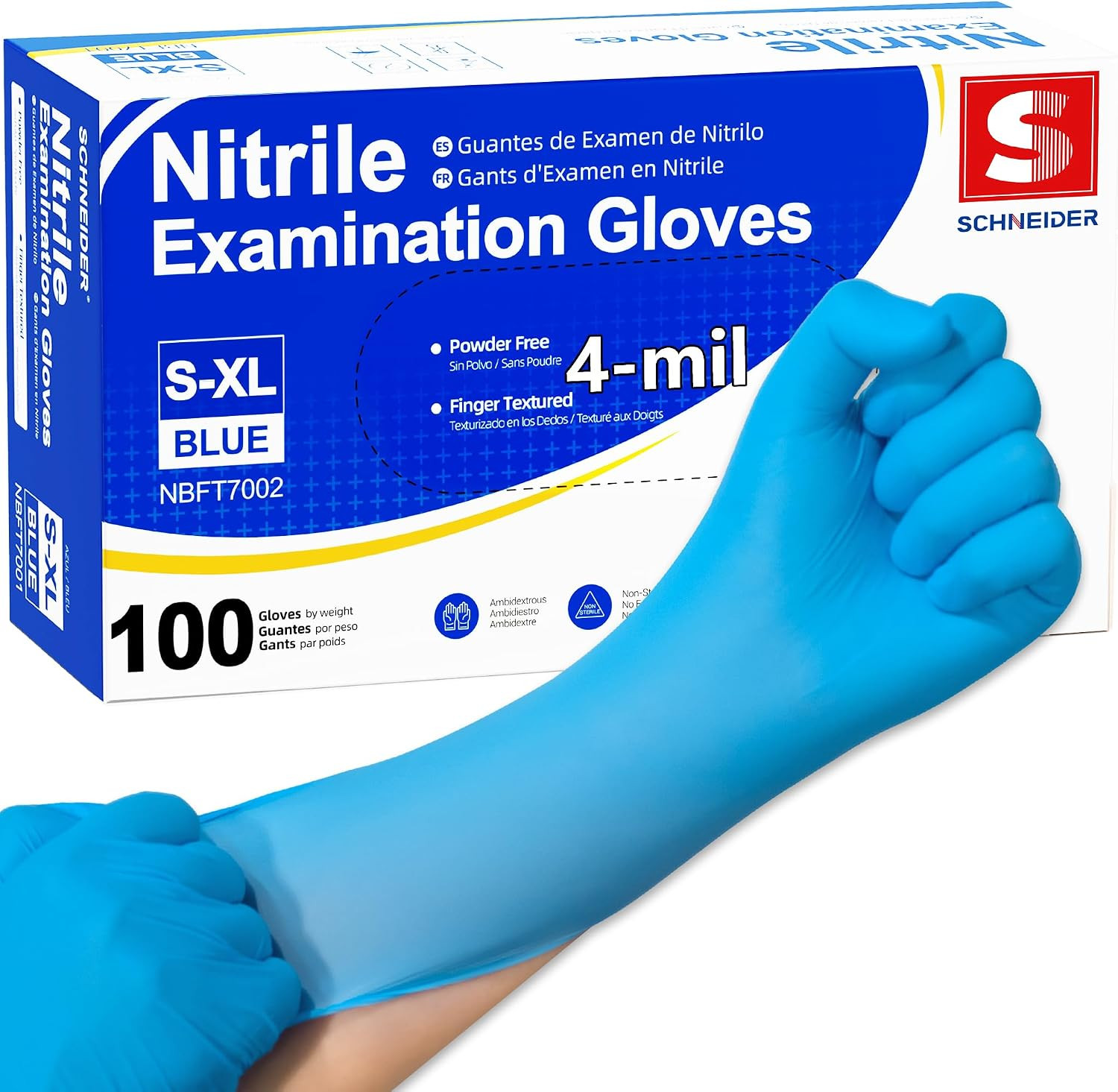 Schneider Medical Nitrile Exam Gloves, 4 mil, Powder-Free, Latex-Free,
