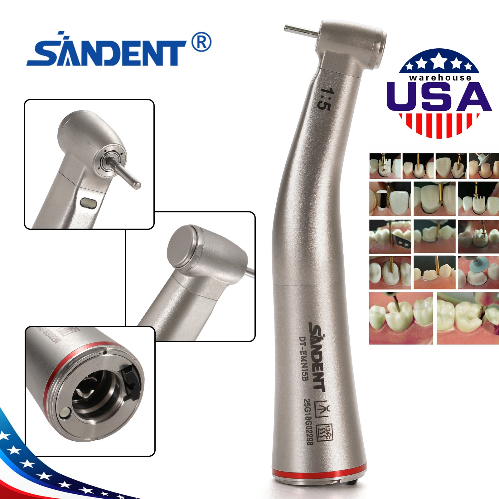 1-10*SANDENT Dental 1:5 Fiber Optic Contra Angle Handpiece High Speed Mini Head