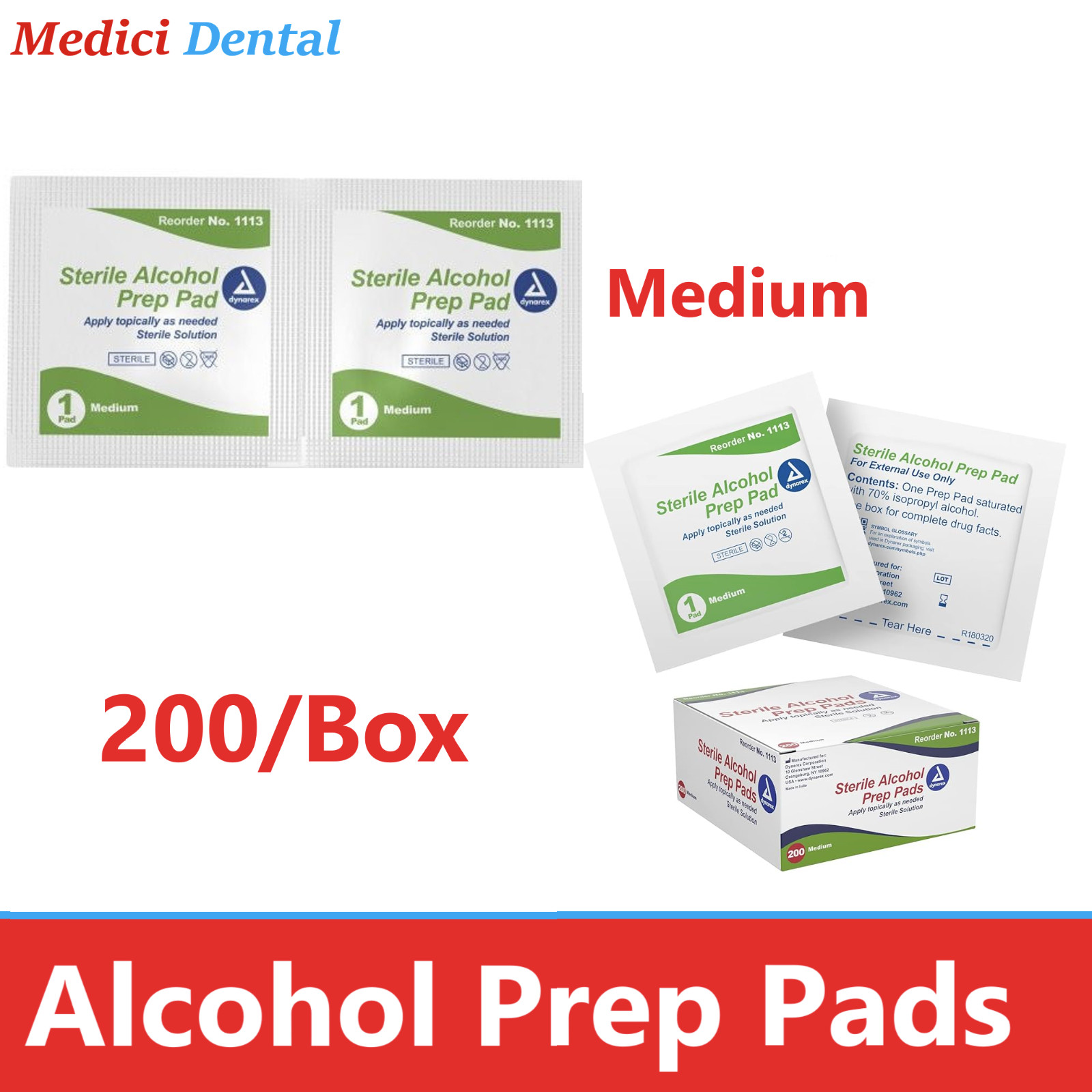 200-2000 MEDIUM ALCOHOL PREP PADS Wet Sterile Antiseptic Pack Manufacter Dynarex