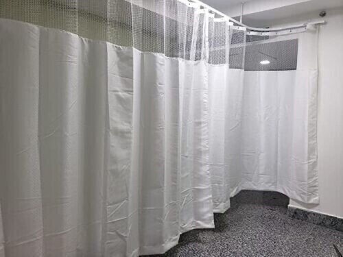 Polyester Zig Zag Curtain with Oval Net for Hospital ICU, (7 Feet Height, White)