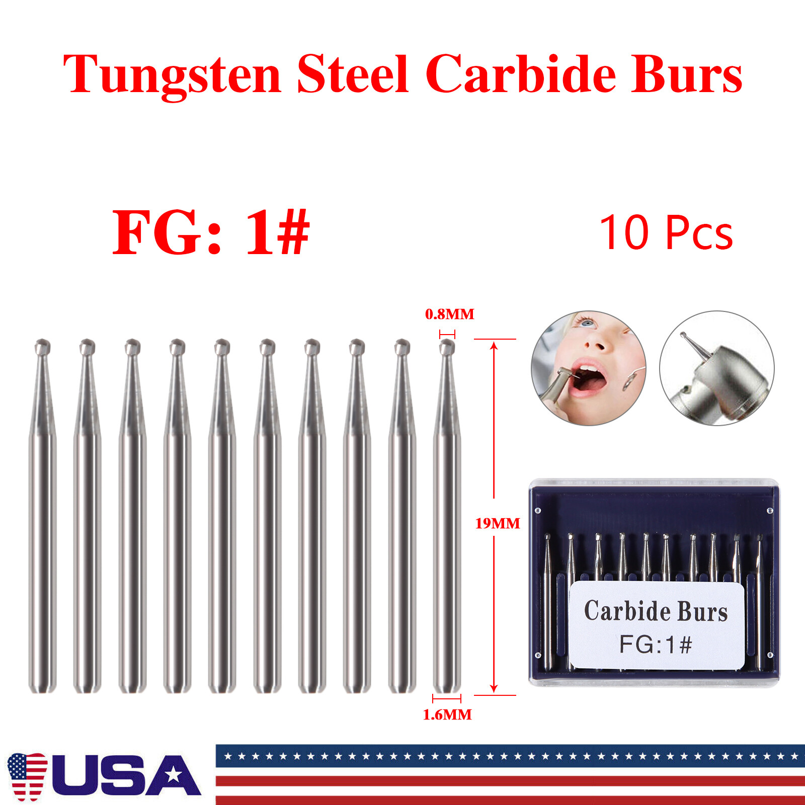 10pcs Dental Round Carbide Tungsten Steel Drills FG Bur for High Speed fg1 to