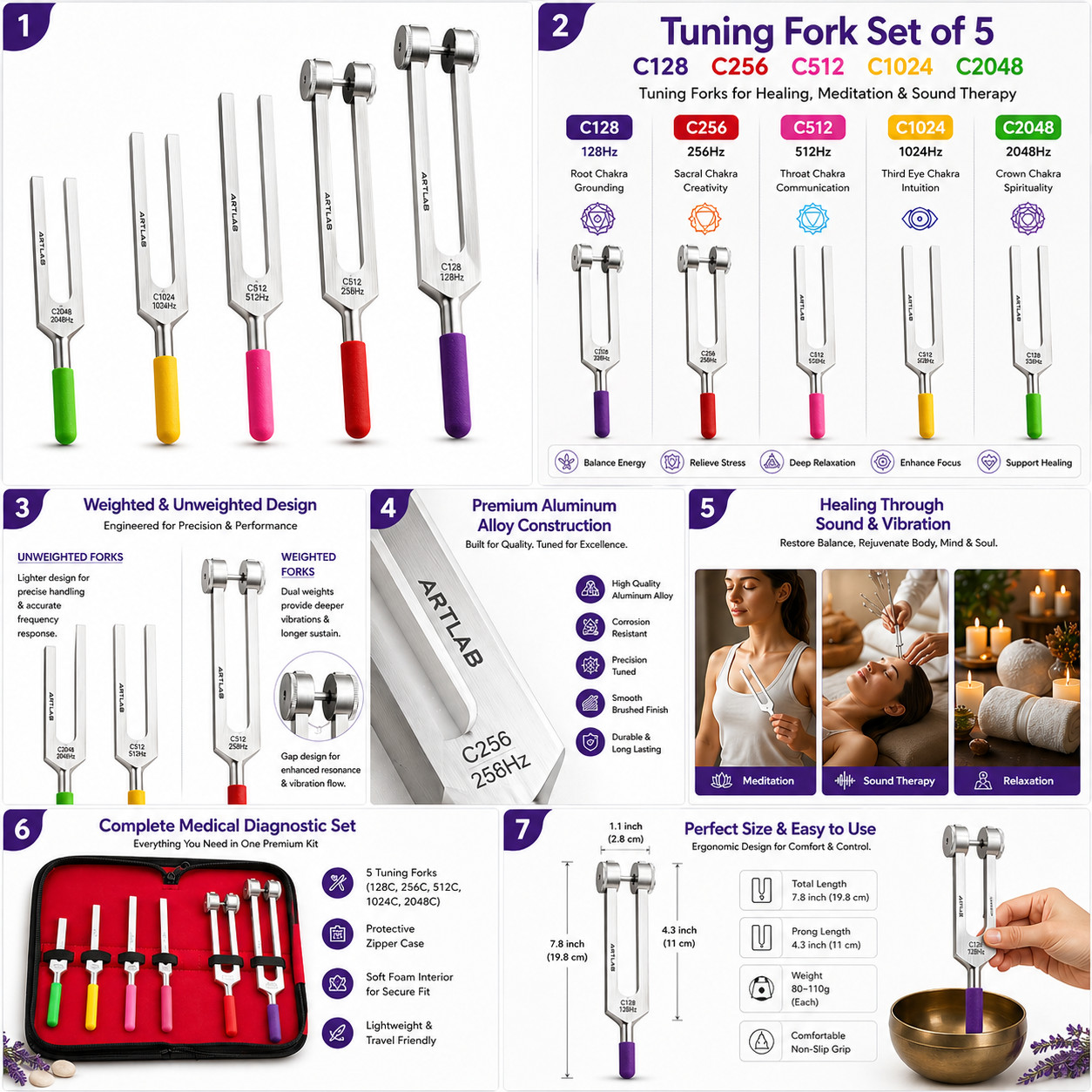 TUNING FORK SET-Tuning Fork Weight Aluminum Clinical Grade Nerve/Sensor W/Hammer
