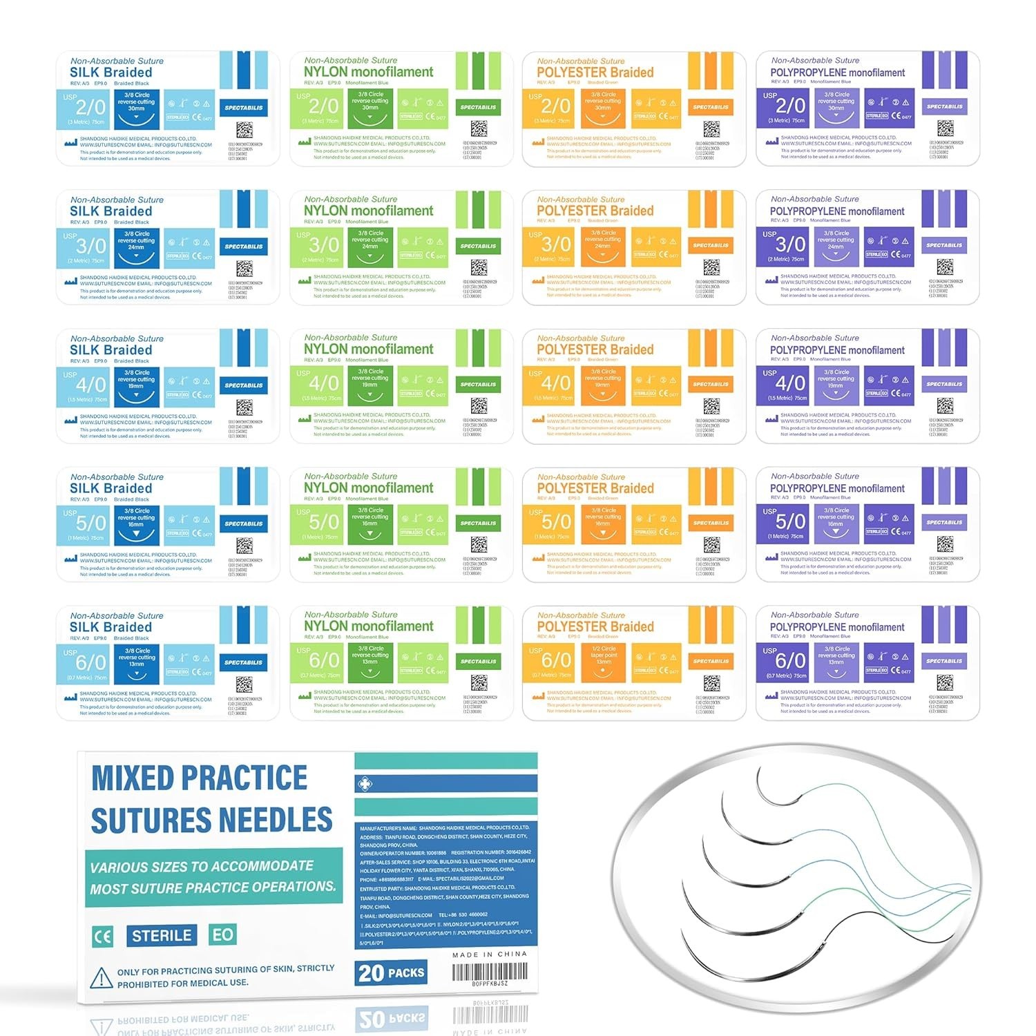 Quality Suture Threads – 20 Mixed Sizes for Training & Demonstrations
