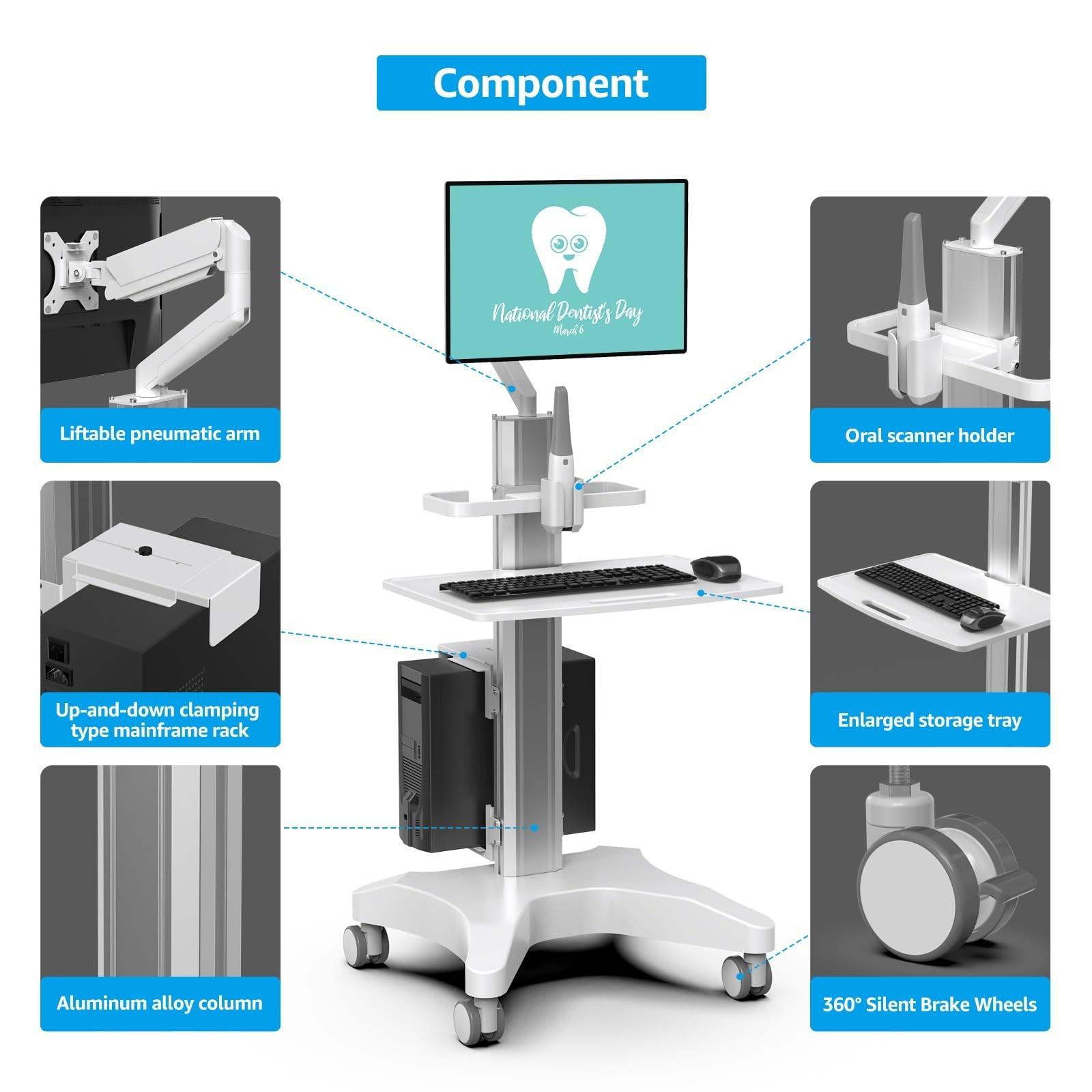 Medical Trolley Cart with Monitor Mount & Oral Scanner Holder – Height-Adj
