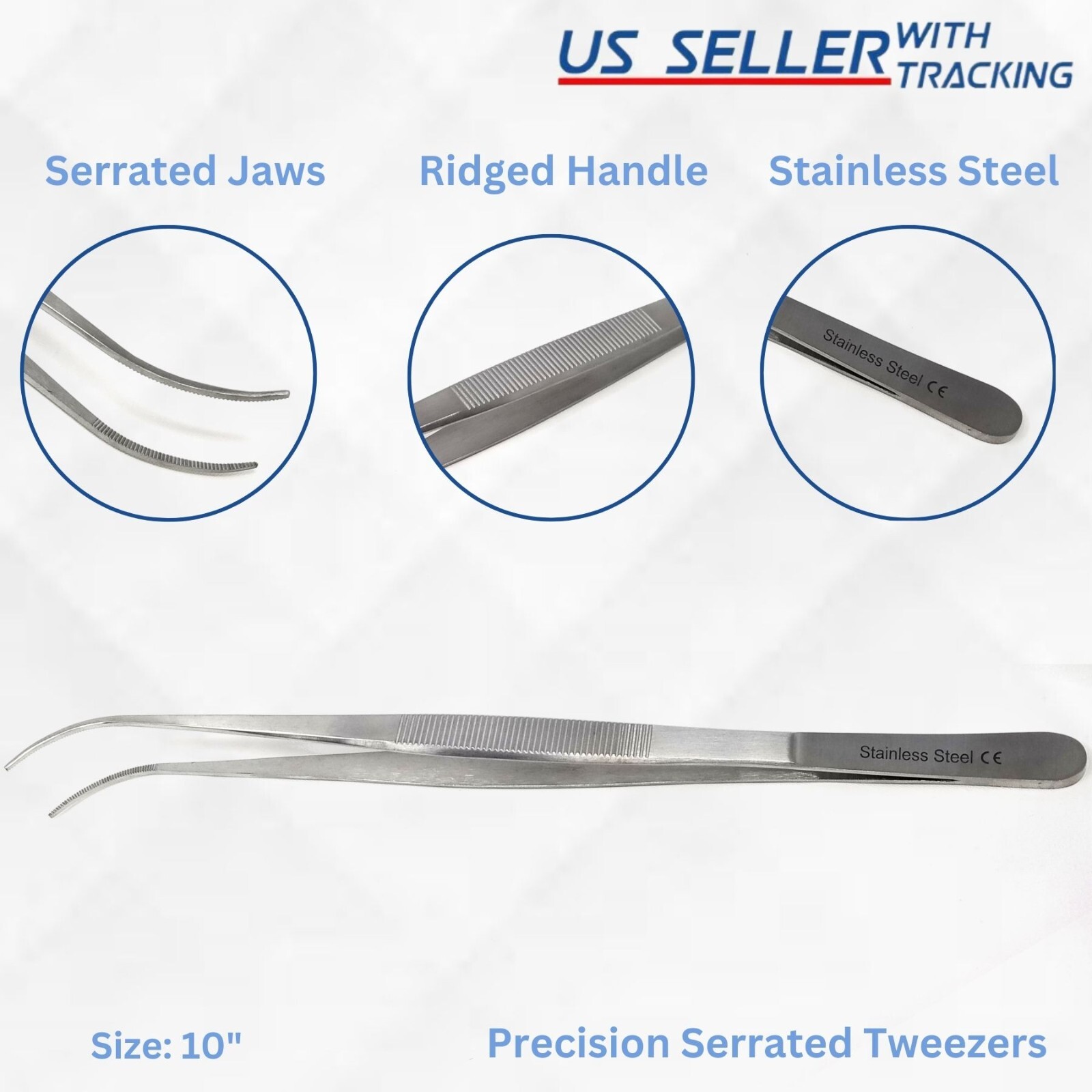 10″ Curved Lab Tweezers with Fine Precision Serrated Points, Stainless Steel