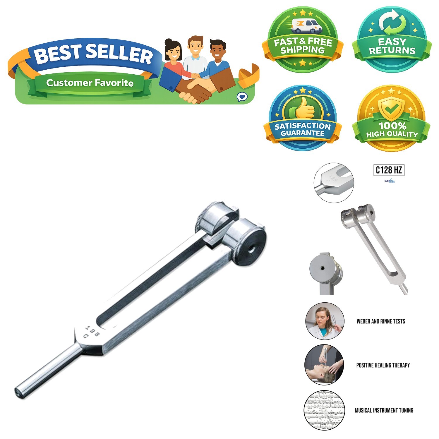 C128 Hz Tuning Fork – Extra Long Handle, Corrosion Resistant & Stress Reducing