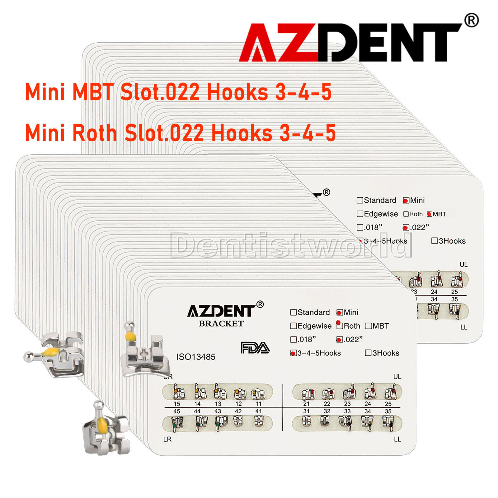 AZDENT Dental Orthodontic Brackets Mini Roth/MBT 022 345 Hooks Metal 20Pc/Pack