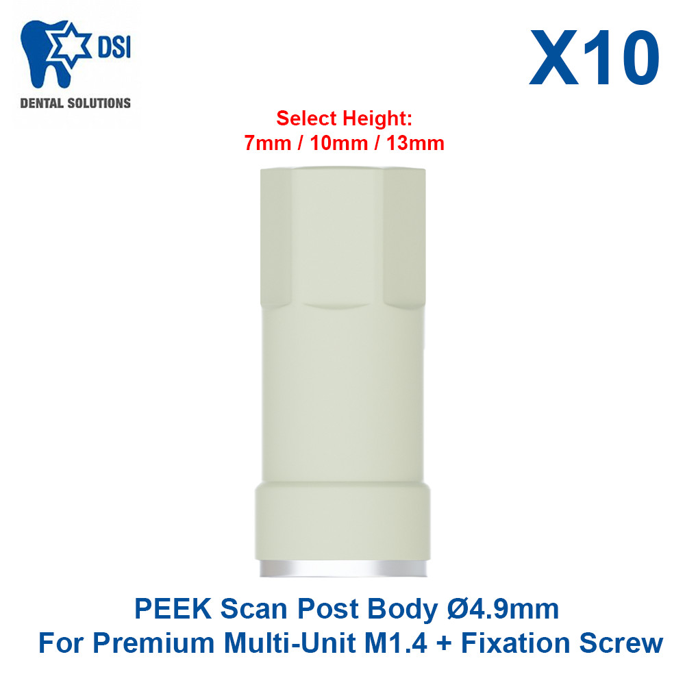 10x Dental DSI PEEK Scan Post Body Ø4.9mm For Premium Multi-Unit M1.4 CAD/CAM