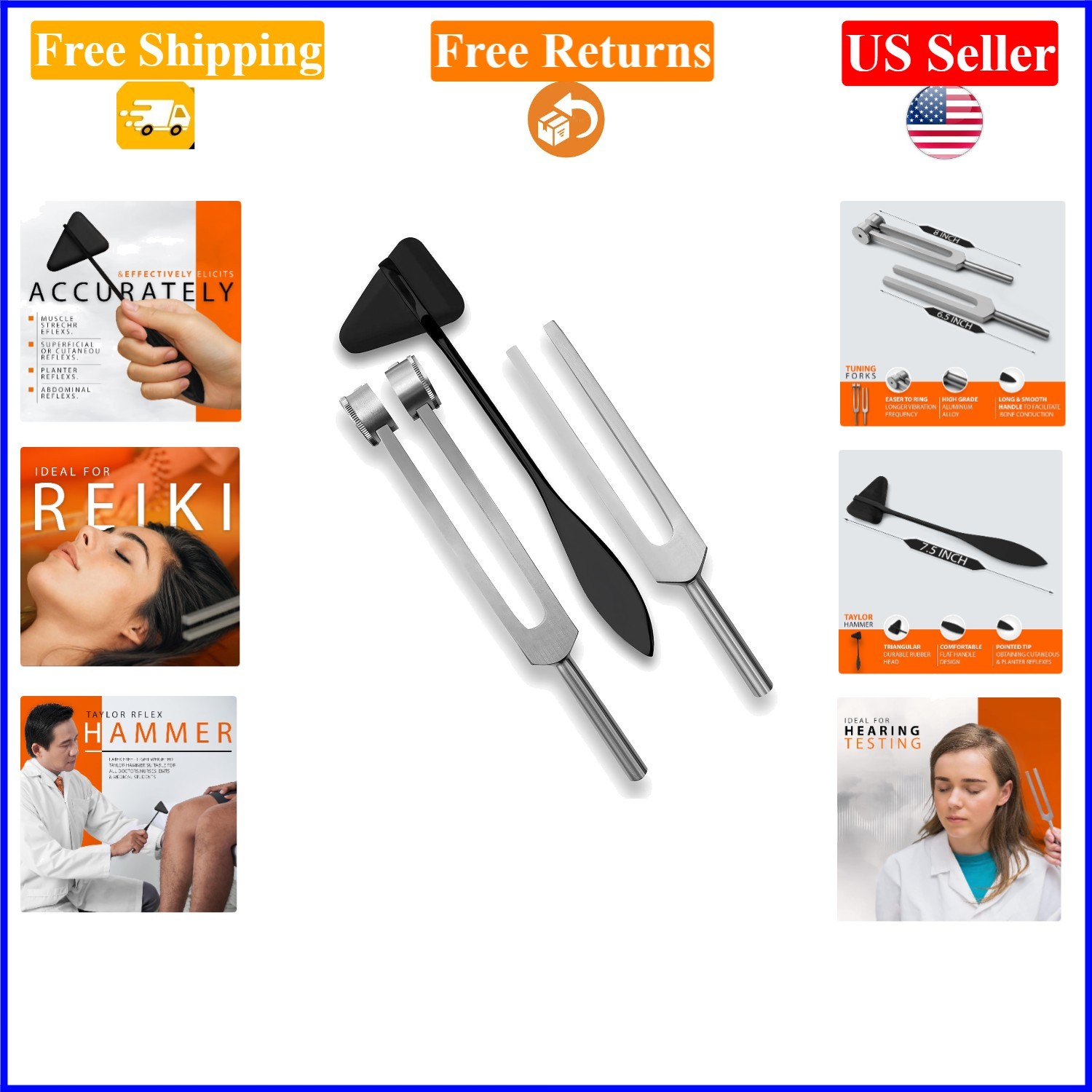 Set of 3 Silver/Black Aluminum Sensory Tuning Forks & Mallet for Medical Diag…