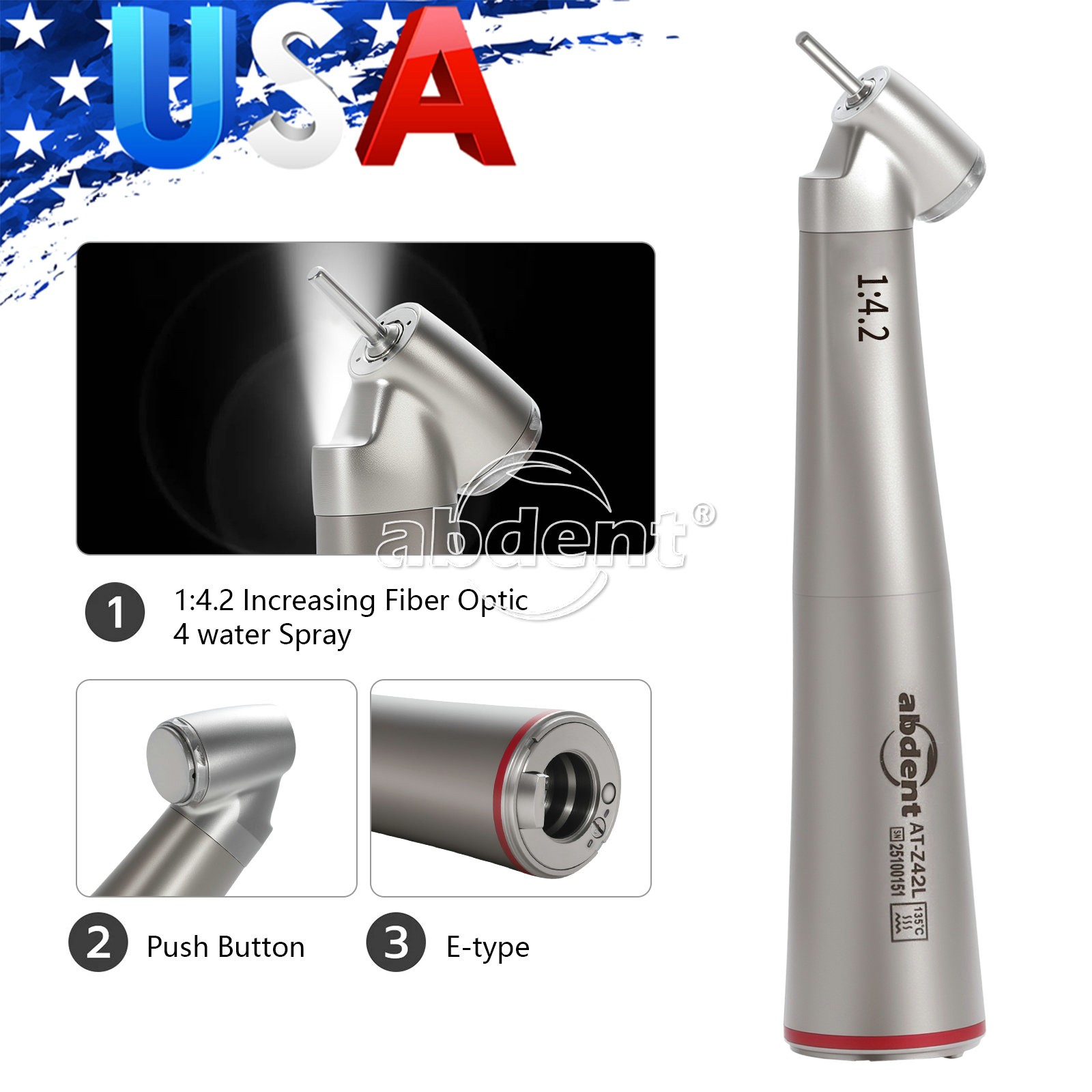 45° Electric Contra Angle LED Optic 1:4.2 Handpiece Quattro Spray abdent