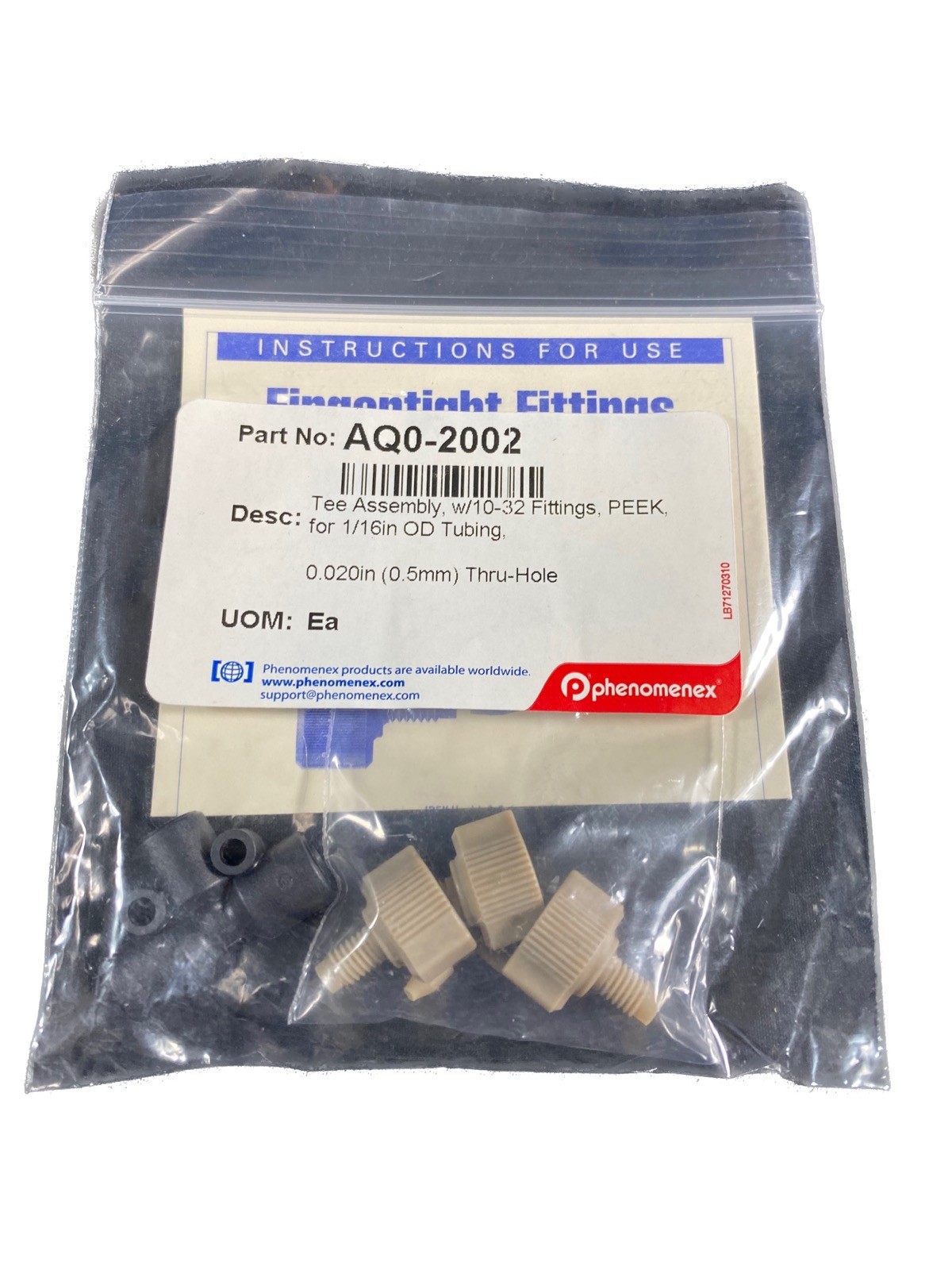 PHENOMENEX Tee Assembly 10-32 Fittings PEEK 1/16in OD Tubing 0.5mm Thru-Hole