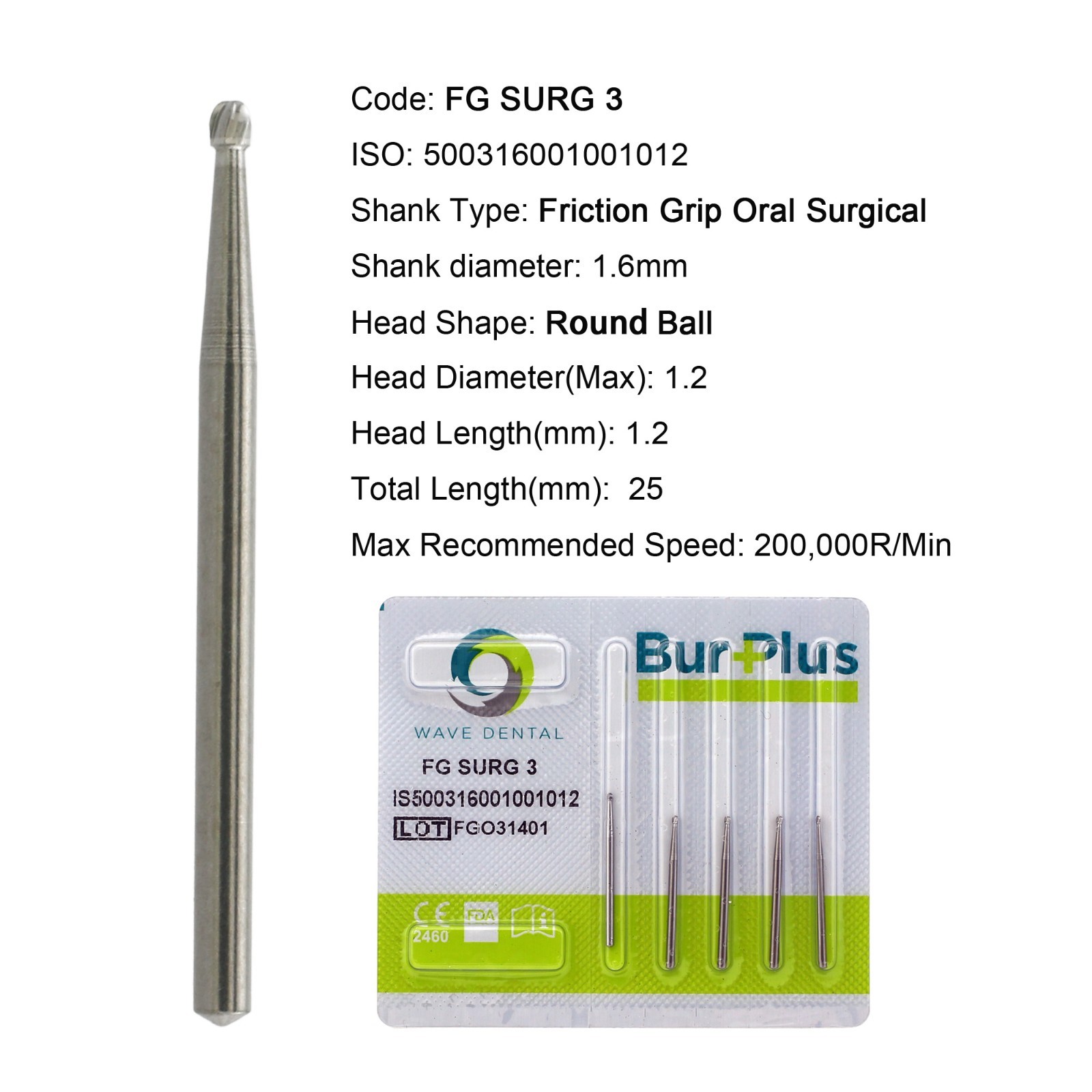 Wave Dental Surgical Carbide Burs 25mm Length Round FG SURG 1 2 3 4 5 6 8 FGOS