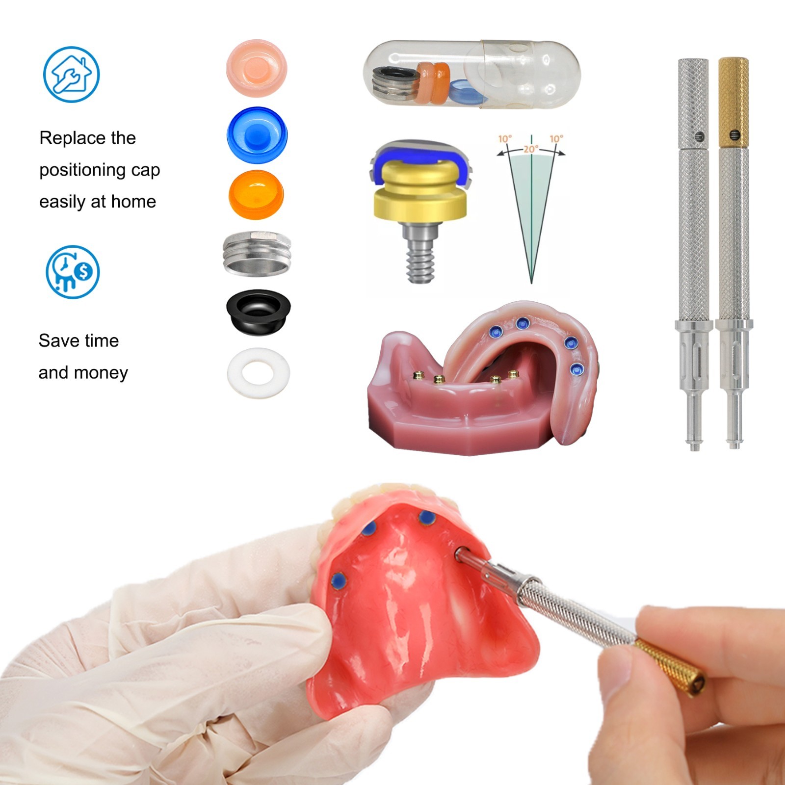 US Dental ZEST Locator Male Caps Kit Overdenture Replacement Inserts Core Tool