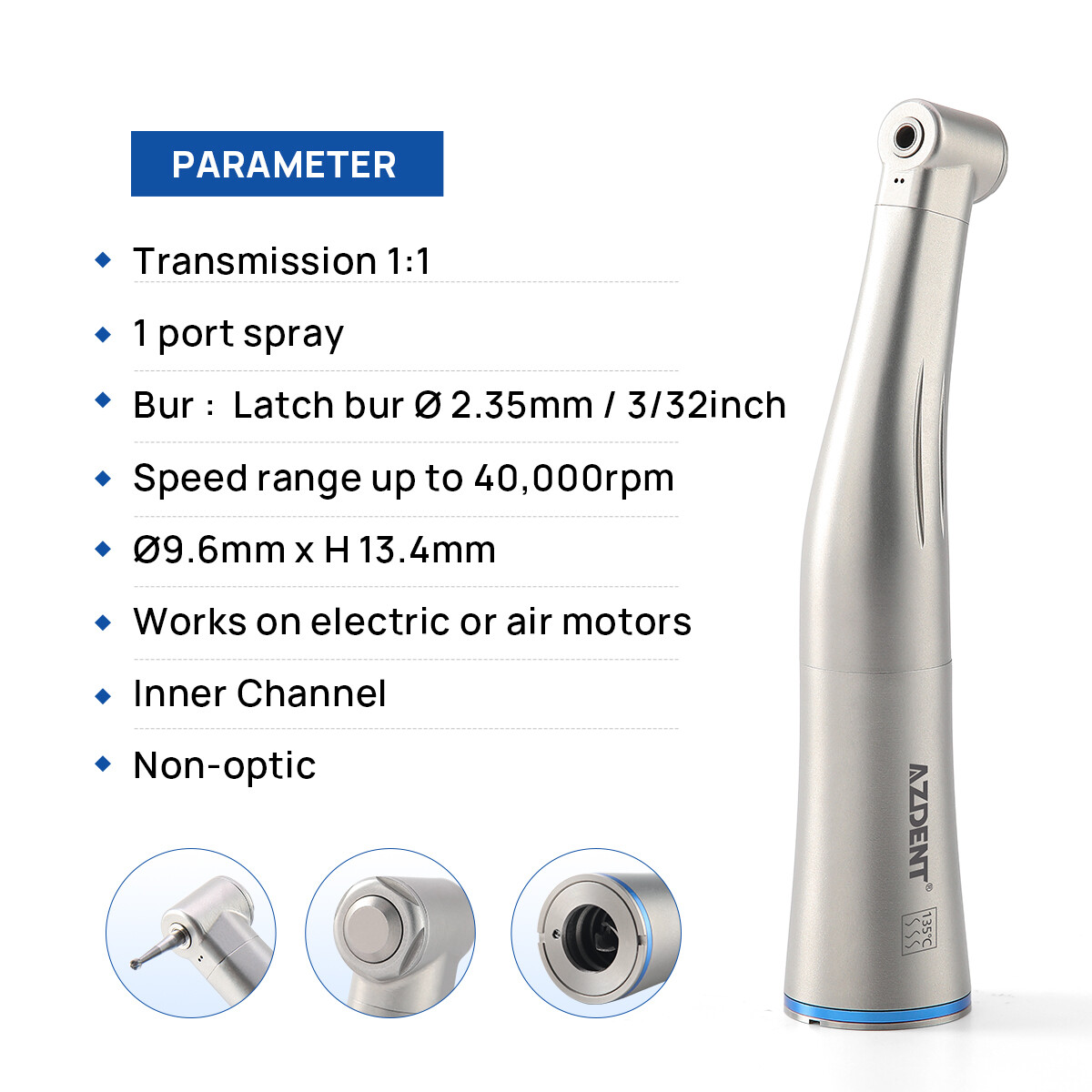 AZDENT Dental 1:1 LED Fiber Optic Contra Angle Internal Spray Handpiece 4 Type