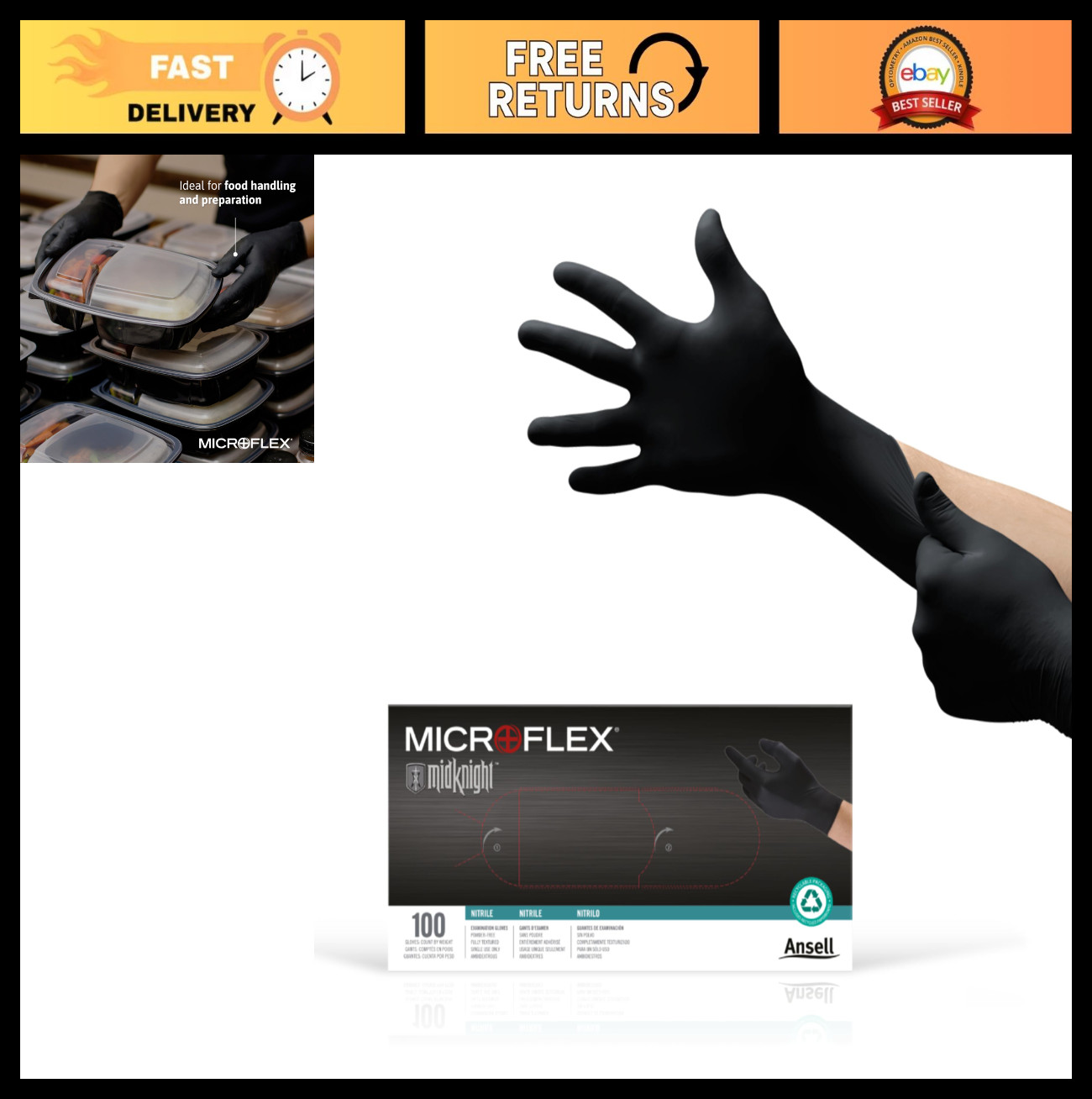 Black Disposable Nitrile Gloves – Latex-Free, Powder-Free, Medium, 100 Count for