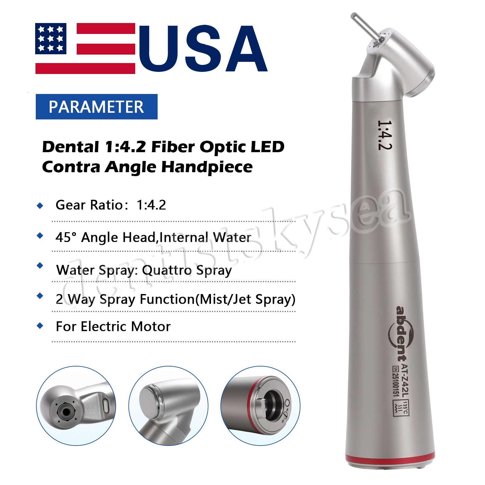 Abdent Dental 1:4.2 LED Fiber Optic Quattro Spray Contra Angle Handpiece