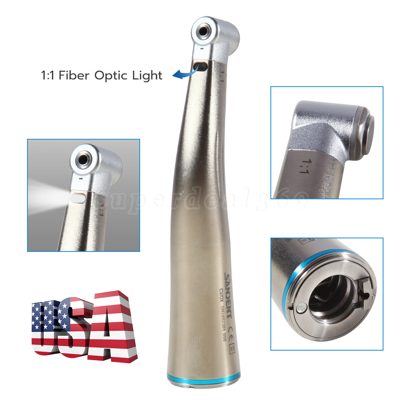 NSK Style Dental Fiber Optic 1:1 Contra Angle Low Speed Handpiece Inner Channel
