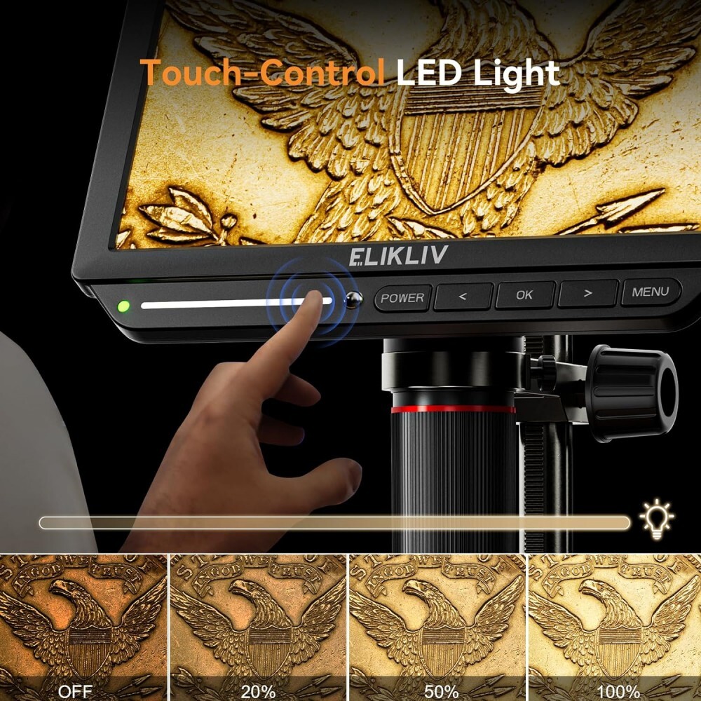 Elikliv 7” Digital Microscope 10-1300X 16MP 1080P USB Coin Magnifier with Light