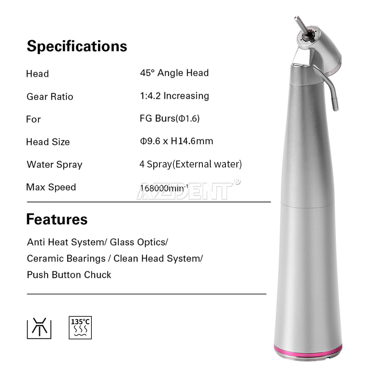 Dental 45° Clean Head LED 1:4.2 Increasing Contra Angle Low Speed Handpiece