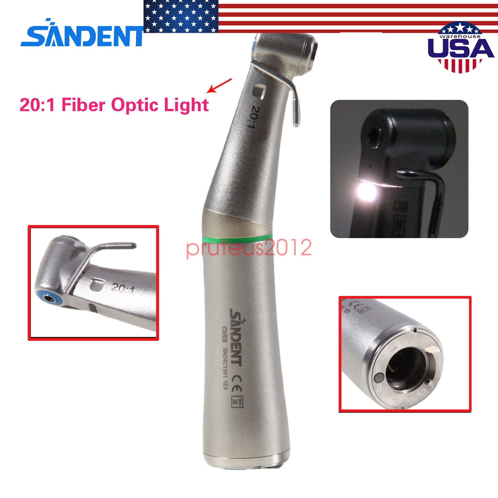 Dental implant motor handpiece 20:1 external contra angle with optic light
