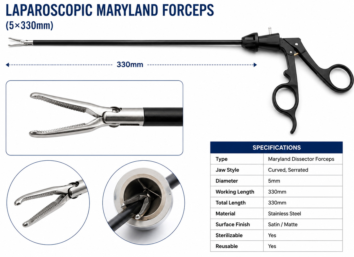 Laparoscopic Maryland Dissector Forceps 5x330mm Reusable Stainless Steel AISI CE