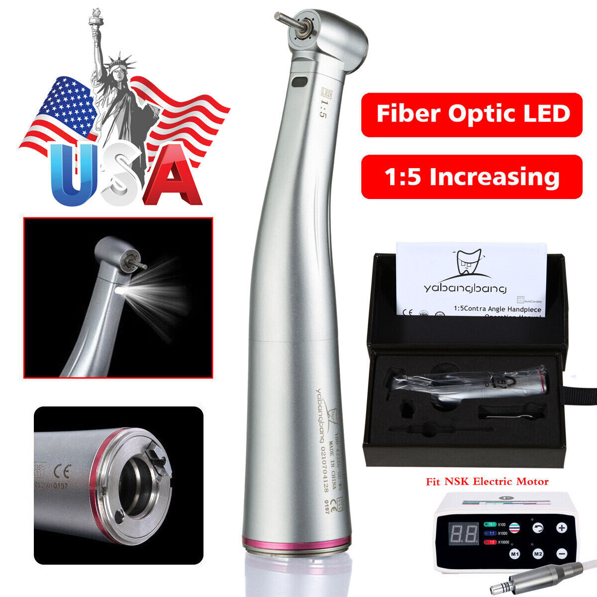 NSK Style LED Dental Electric 1:5 Contra Angle Increasing Speed Handpiece YBB