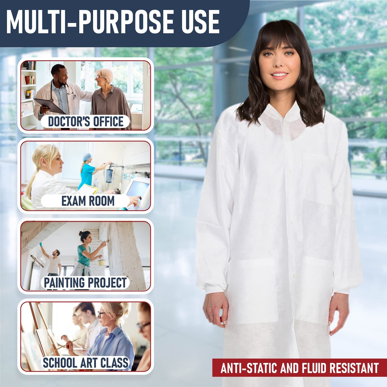 50 Pack Disposable Lab Coats – White Knee Length with 3 Pockets, XL for Hospital