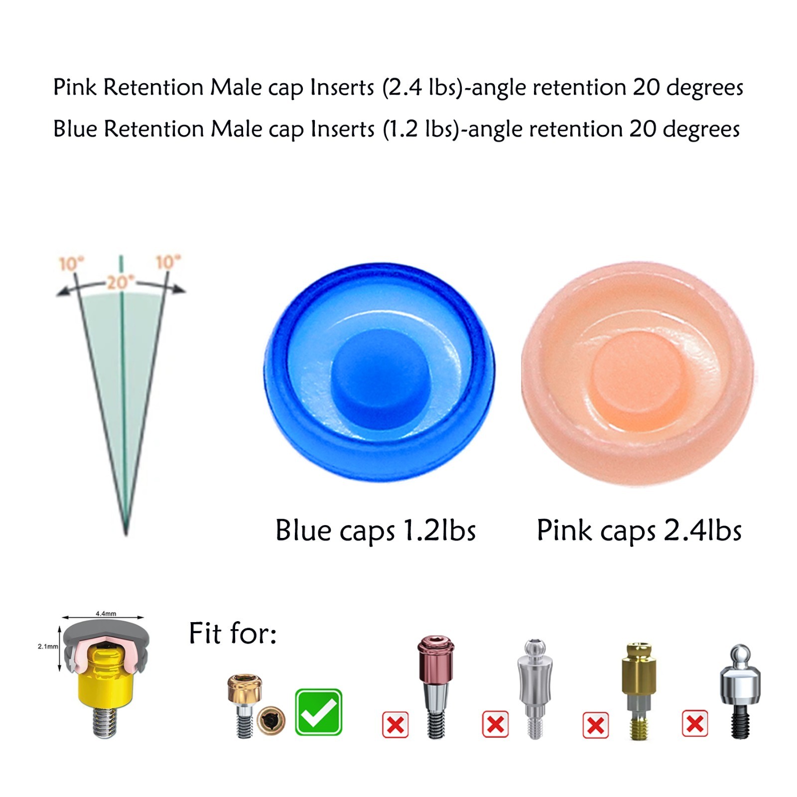20Pcs Universal Dental Overdenture Replacement Cap for Zest Locator Male Inserts